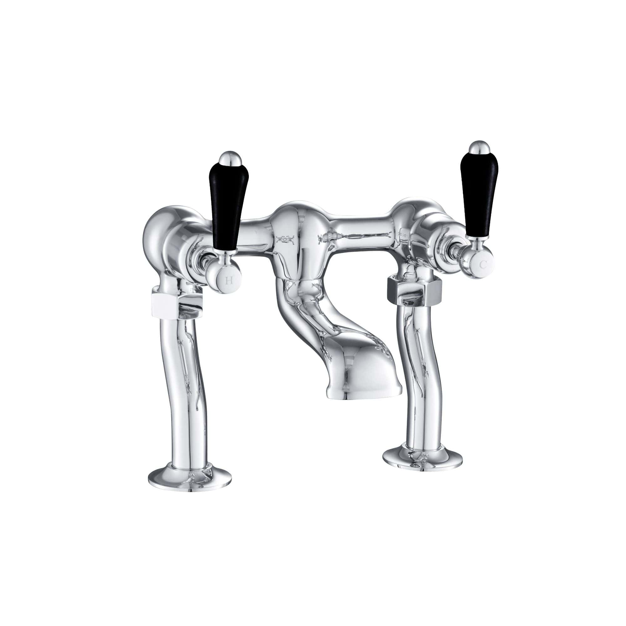 Chrome double-handled bathroom sink tap with black ceramic handles for hot and cold water, classic design, suitable for vintage or traditional bathroom renovation projects.