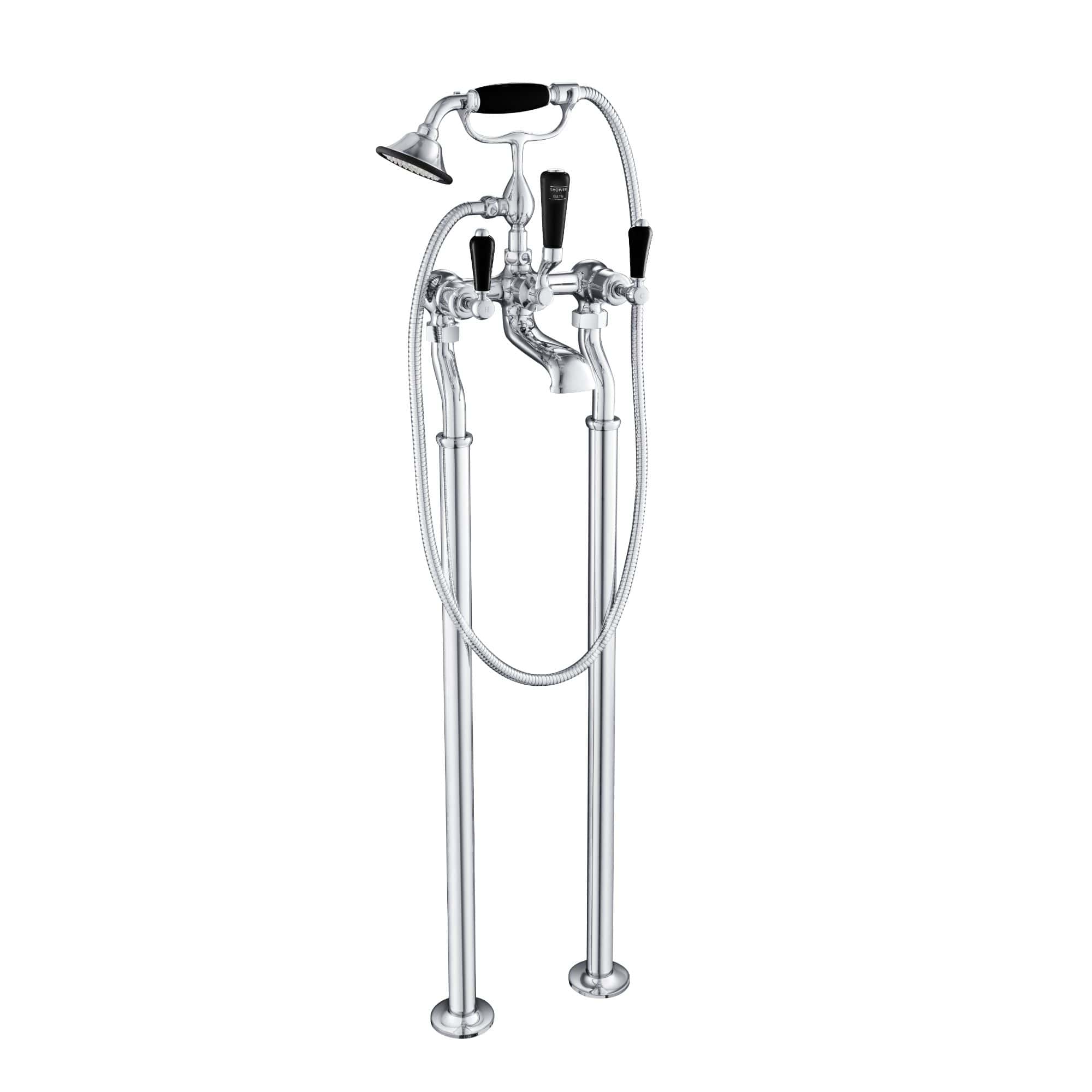 Polished chrome shower column with handheld showerhead, thermostatic controls, and dual shower heads for a luxurious bathroom experience.