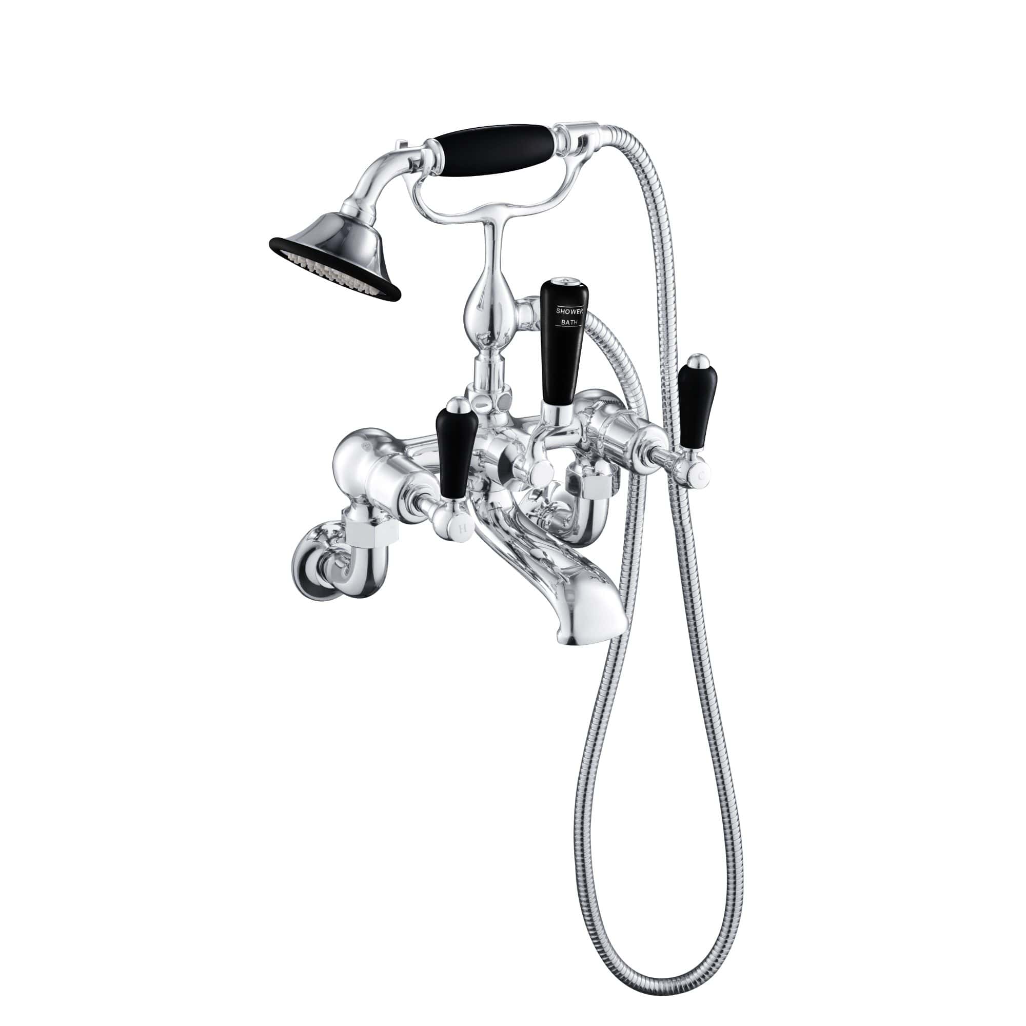 Polished chrome vintage-style bath shower mixer tap with handheld showerhead and dual control levers for hot and cold water. Suitable for classic bathroom renovations and luxurious bath setups.