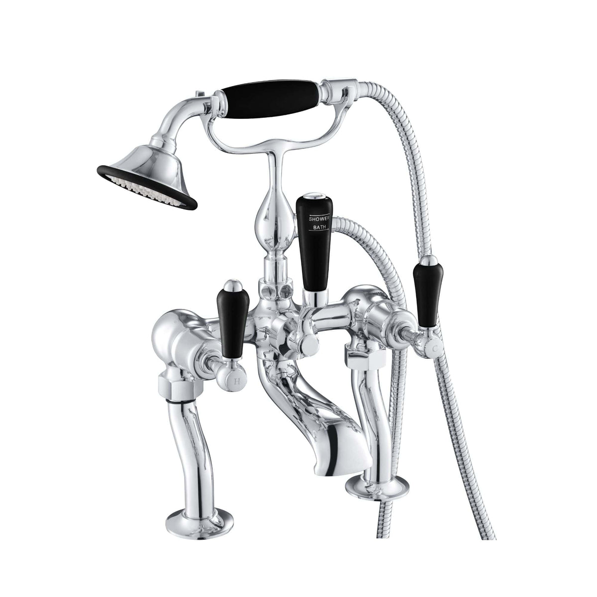 Brass bathroom shower mixer tap with hand-held showerhead and flexible hoses, chrome finish. Ideal for modern bathroom plumbing and renovation projects, offering precise control over water temperature and flow.