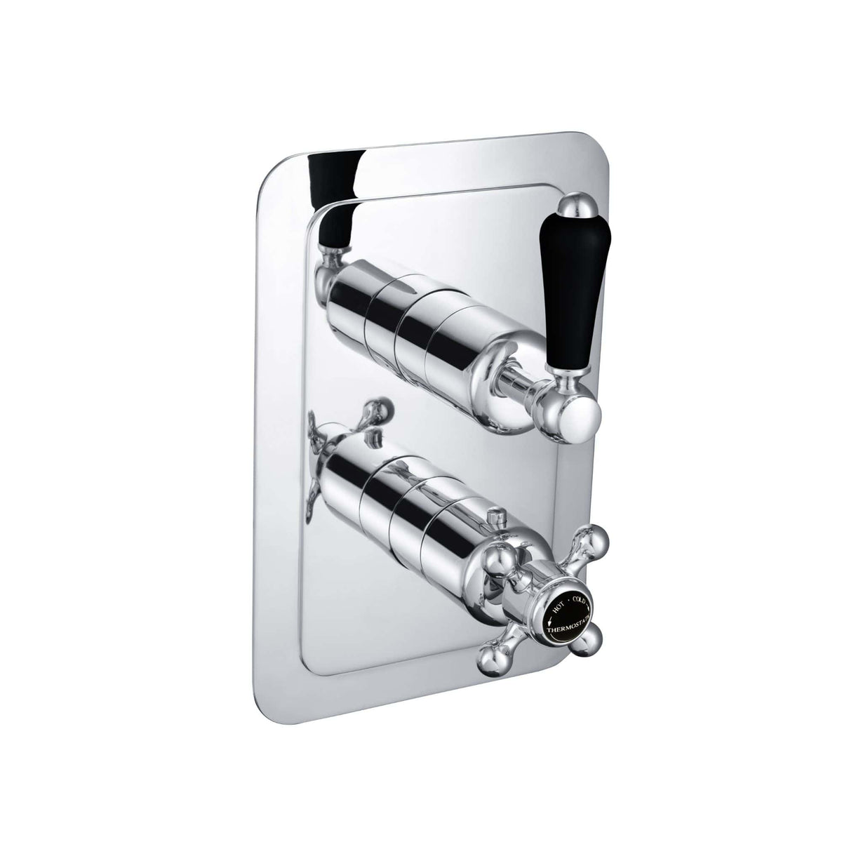 Polished chrome dual valve thermostatic shower mixer with black handles, wall-mounted, for precise temperature control in luxury bathrooms.