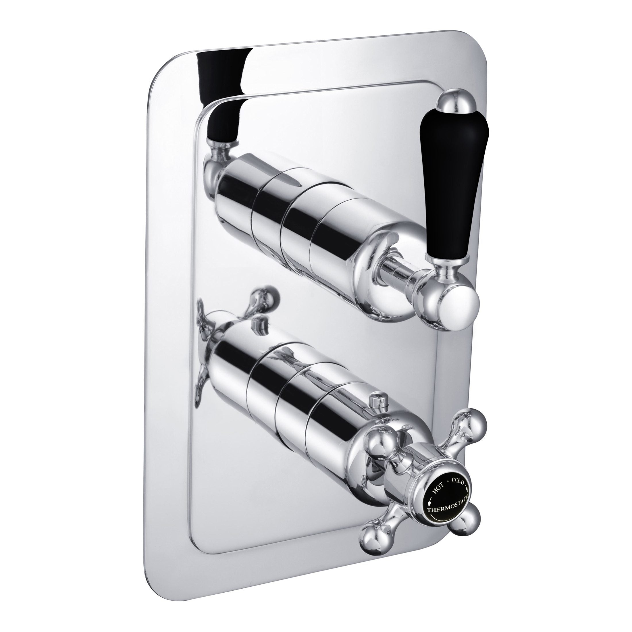 Shower valve with dual temperature controls and chrome finish, ideal for modern bathrooms. Designed for precise hot and cold water adjustment and easy operation. Perfect for bathroom renovation projects.