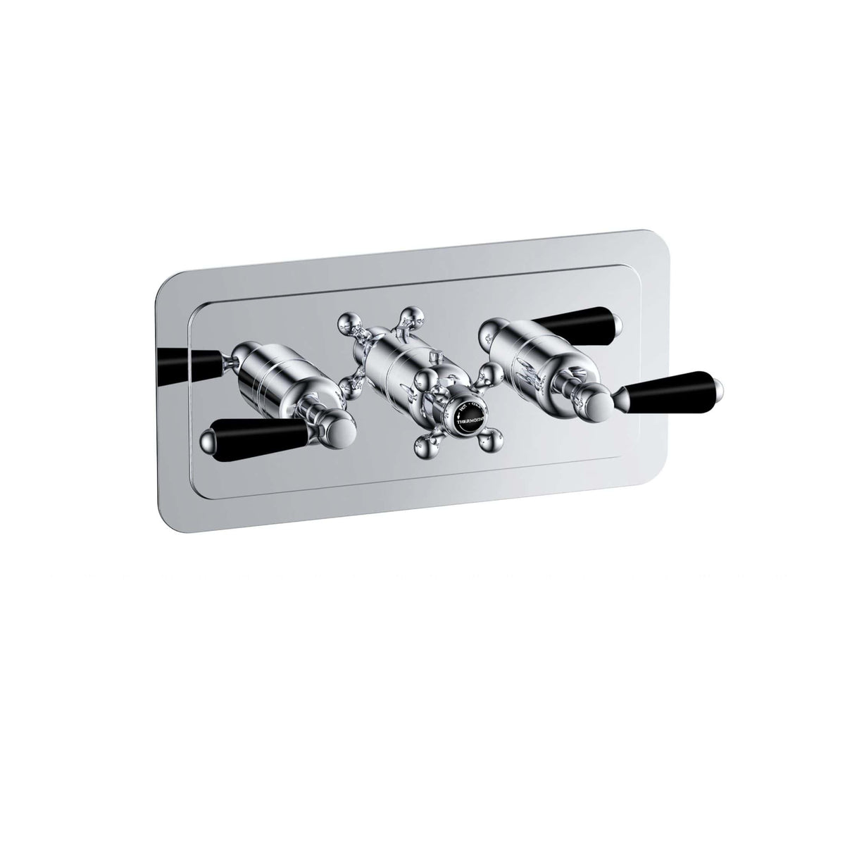 Shower thermostat control panel with chrome finish and black handles, designed for luxury bathroom installations. Durable and stylish fixture from Bubly Bathrooms.