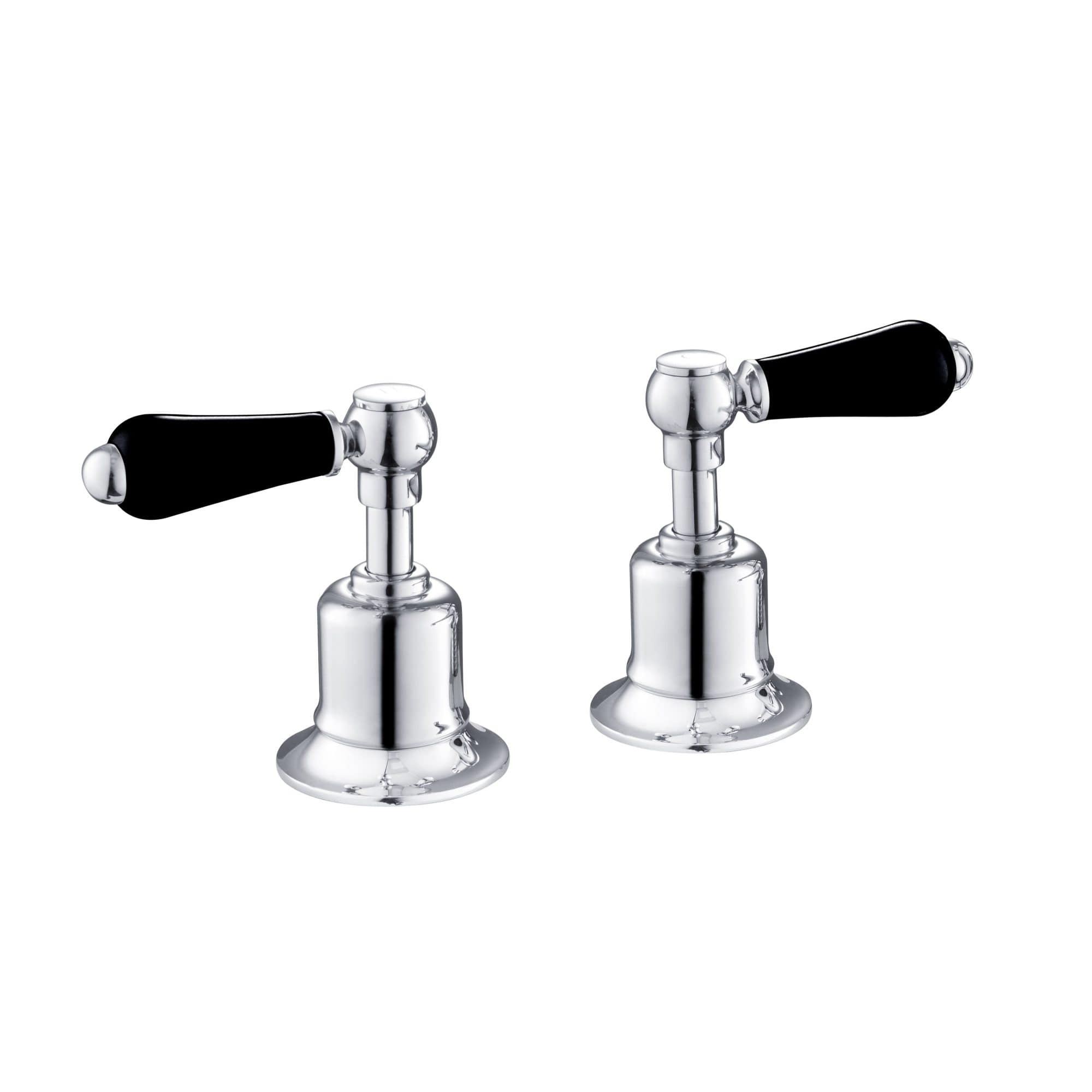 Chrome bathroom sink tap handles, modern elegant design with black and chrome finish, perfect for stylish bathroom fixtures, part of Bubly Bathrooms product range.