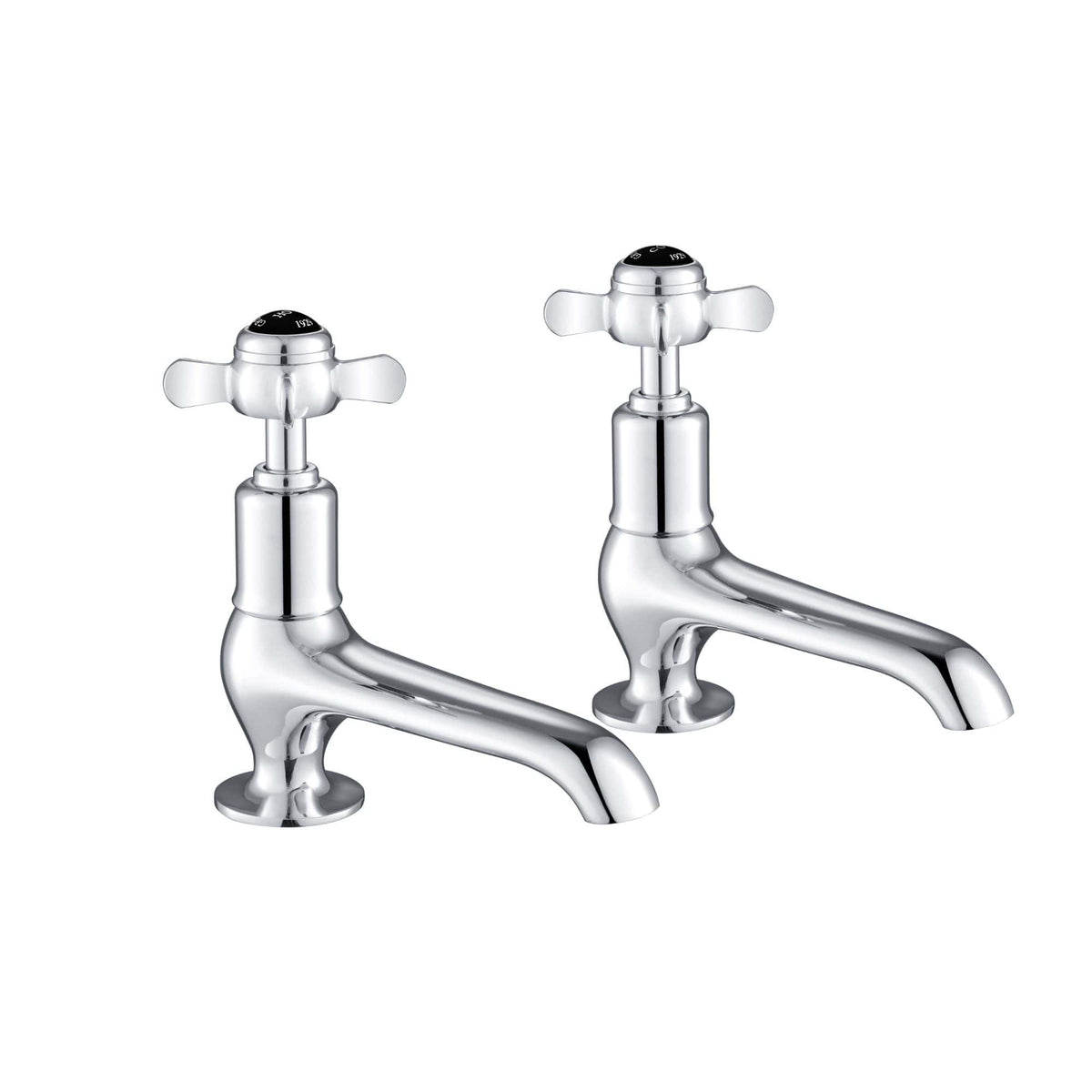 Shiny chrome bathroom basin taps set with traditional cross handles, ideal for classic or vintage bathroom designs. Durable and stylish fixtures for enhancing bathroom functionality and aesthetic appeal.