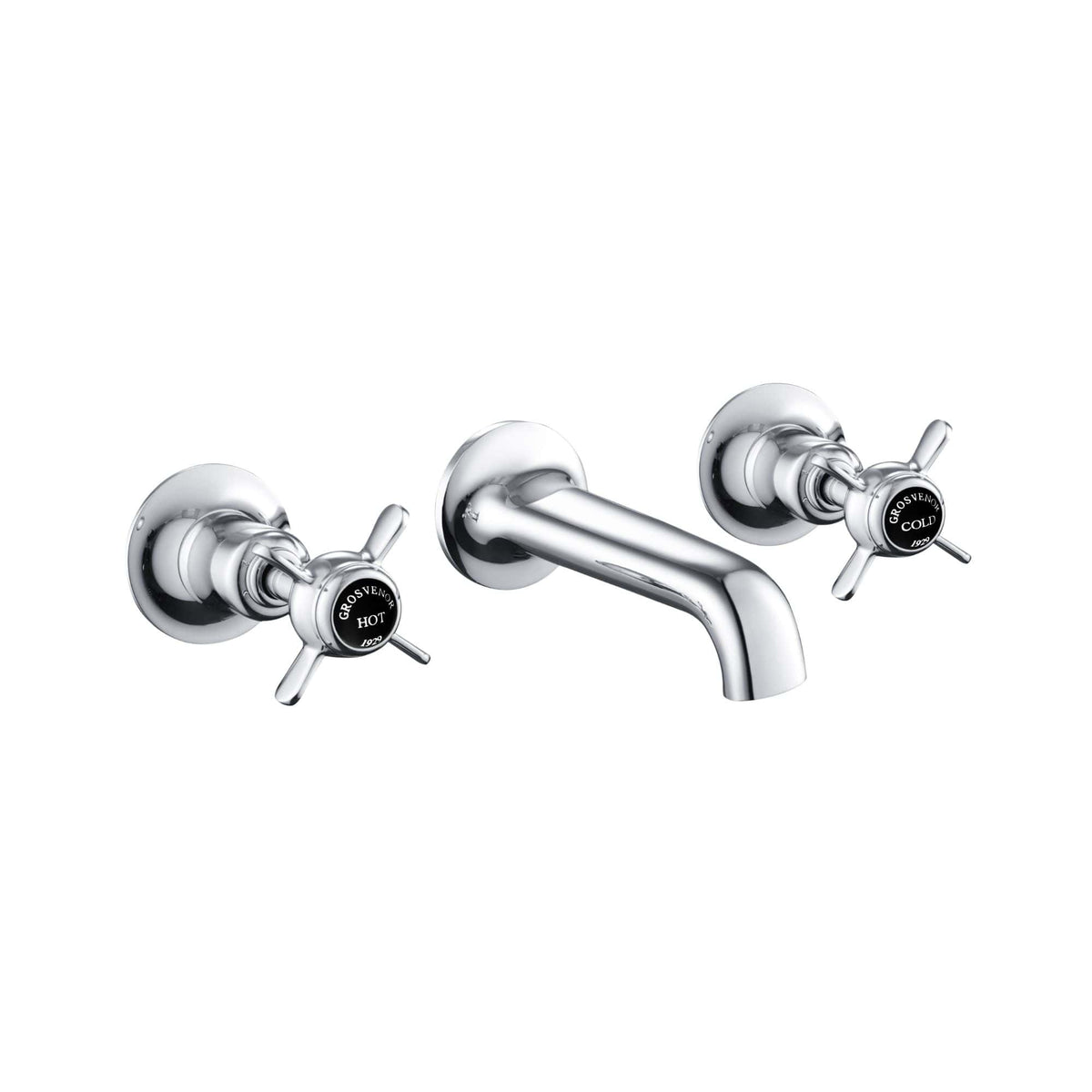 Chrome bathroom tap with hot and cold water handles, modern and sleek design, perfect for contemporary bathroom decor.