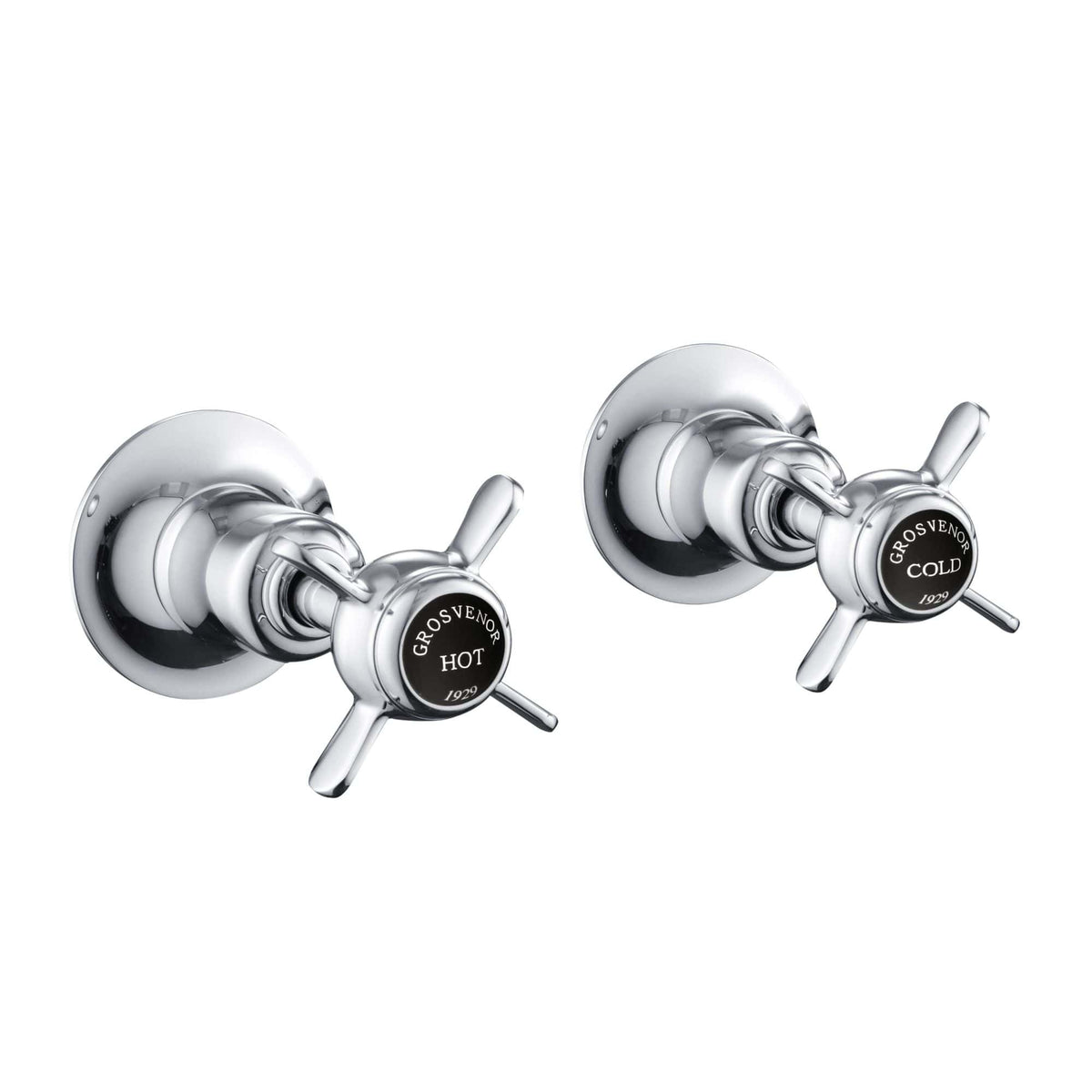 Chrome bathroom taps with lever handles for hot and cold water, GROSVENOR brand, classic design, ideal for stylish bathroom upgrades.