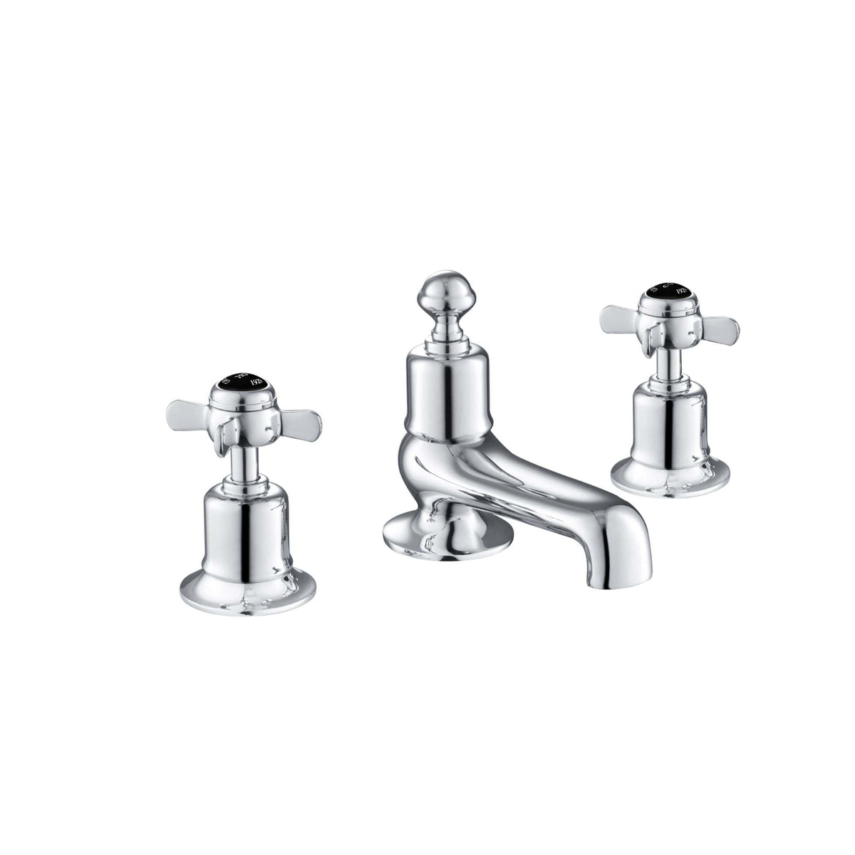 Polished chrome bathroom tap with two cross handles and classic design, ideal for traditional bathroom sinks and fixtures.