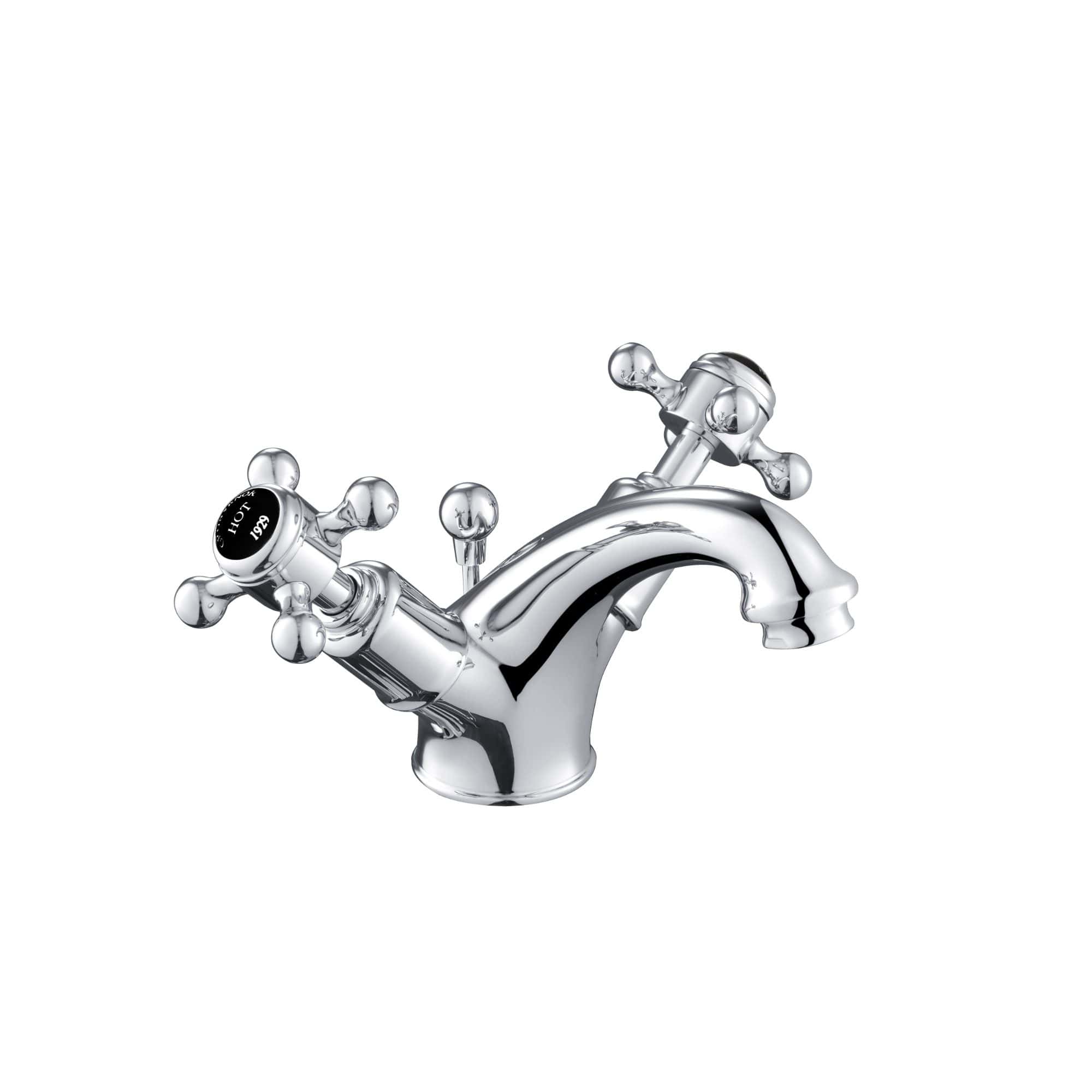 Shiny chrome bathroom sink tap with traditional cross handles, ideal for classic bathroom designs. Perfect for upgrading bathroom fixtures with high-quality, durable brass construction.