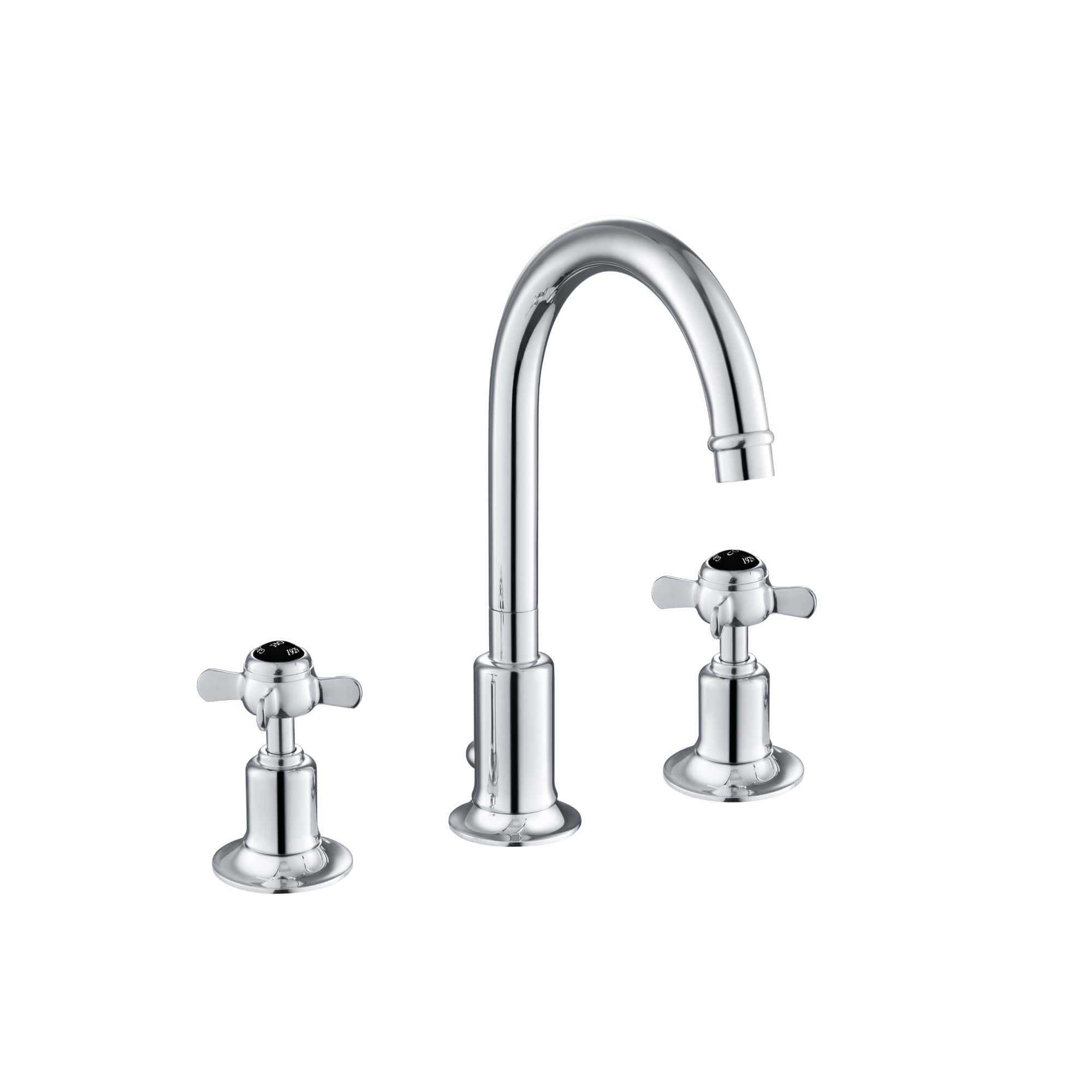 Polished chrome sink mixer tap with two separate handles for hot and cold water, ideal for contemporary bathroom or kitchen upgrades. Durable and stylish fixtures from Bubly Bathrooms UK.