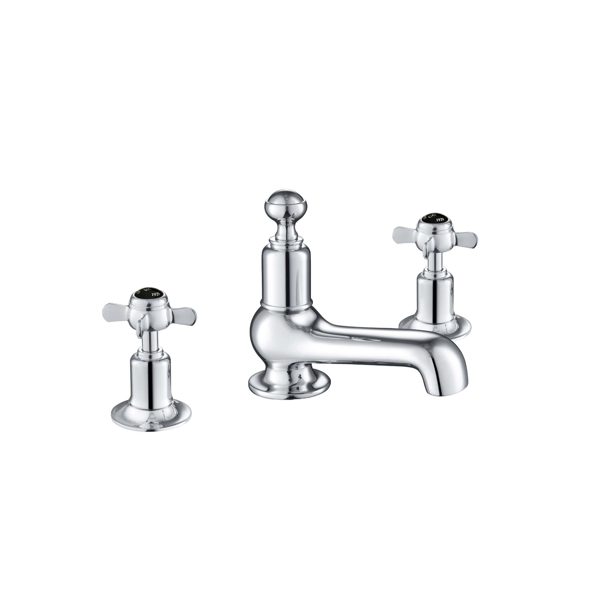 Polished chrome bathroom tap with separate hot and cold water controls, classic design, suitable for Traditional or Vintage style bathrooms. Perfect upgrade for elegant, timeless bathroom plumbing fixtures.