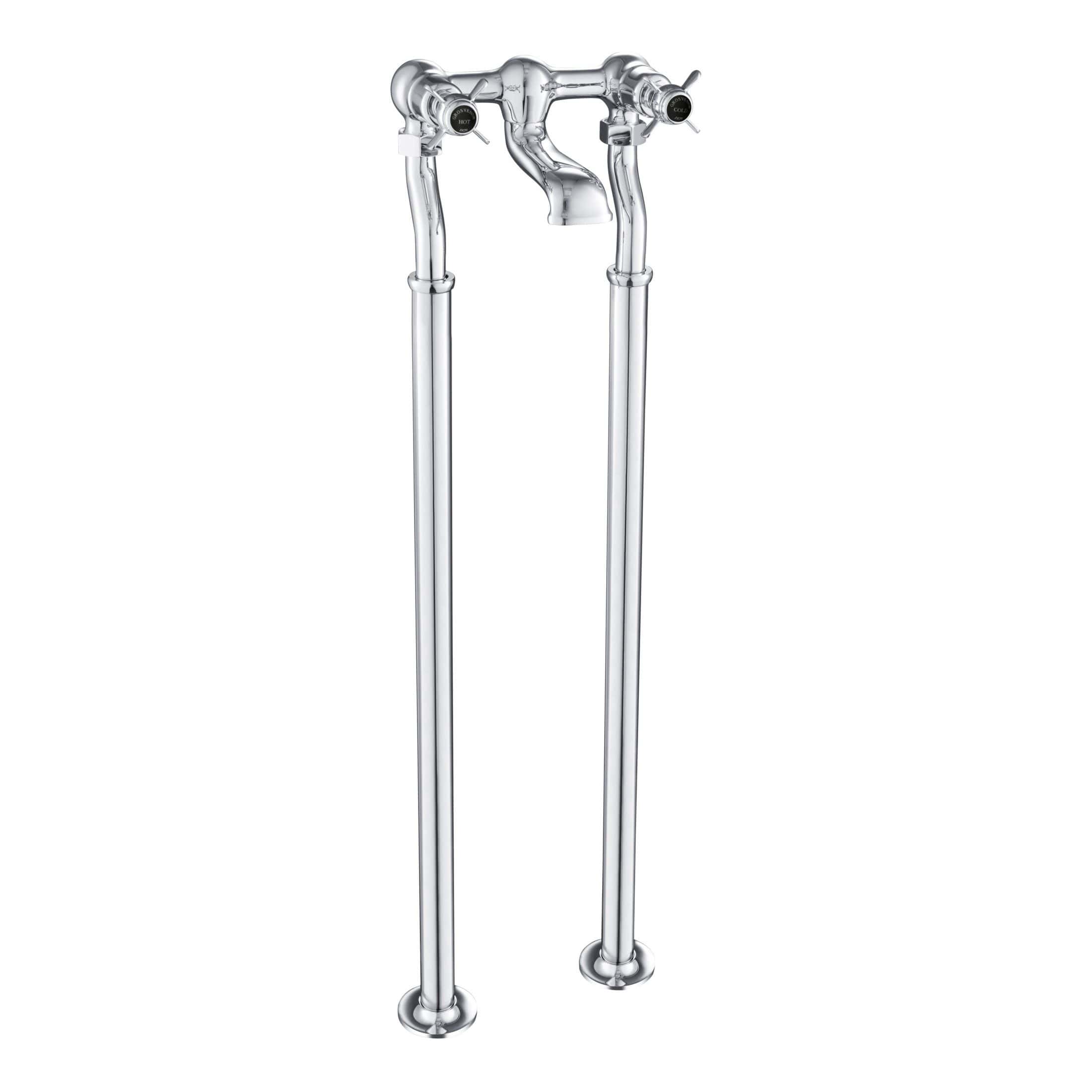 Brass bathroom sink faucet with dual handles and chrome finish for classic bathroom design, suitable for vintage or traditional bathroom styles, from Bubly Bathrooms.
