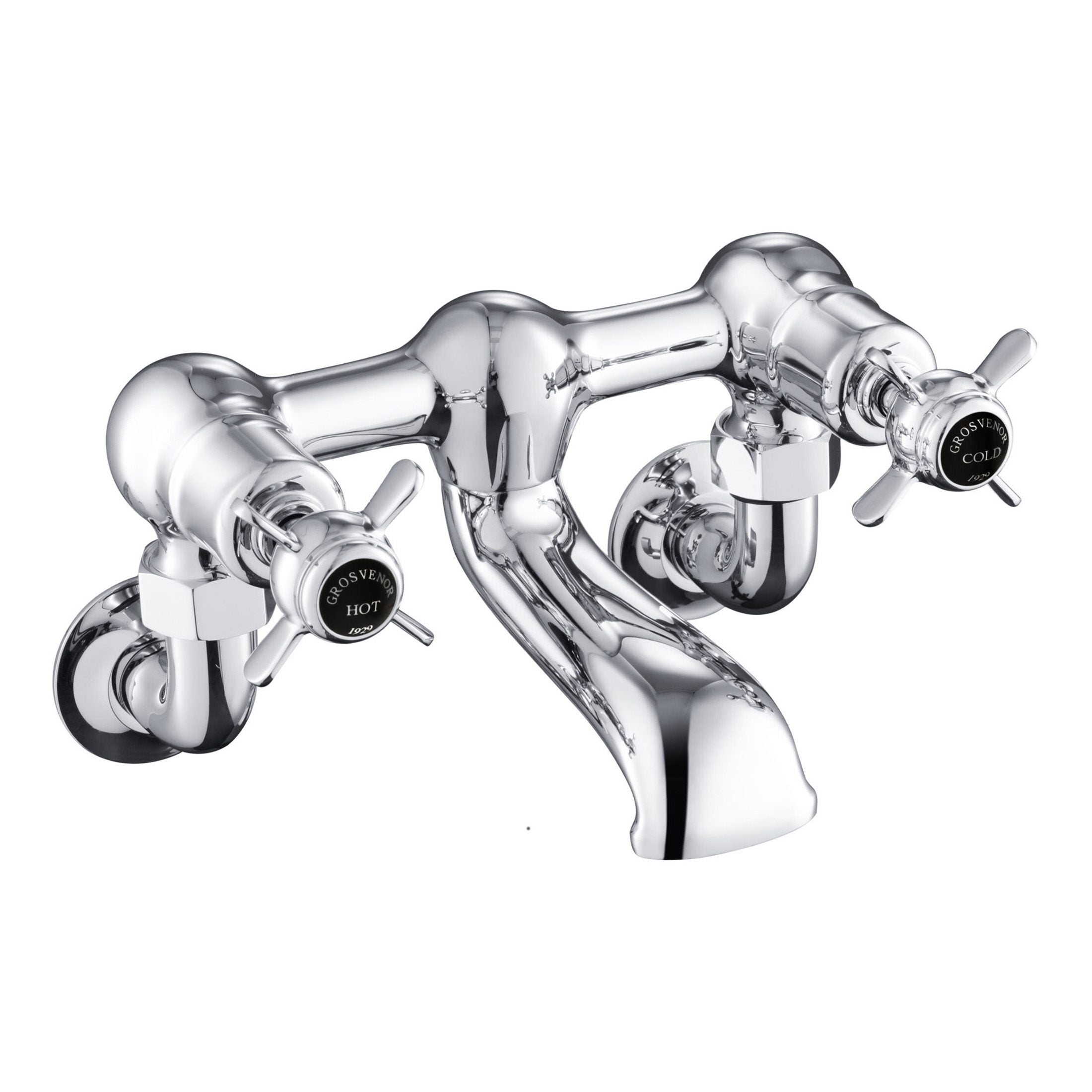 Shiny chrome wall-mounted bathroom tap with hot and cold handles, vintage style, ideal for traditional bathroom sinks or vintage-inspired bathroom decor. Perfect for classic bathroom setups.