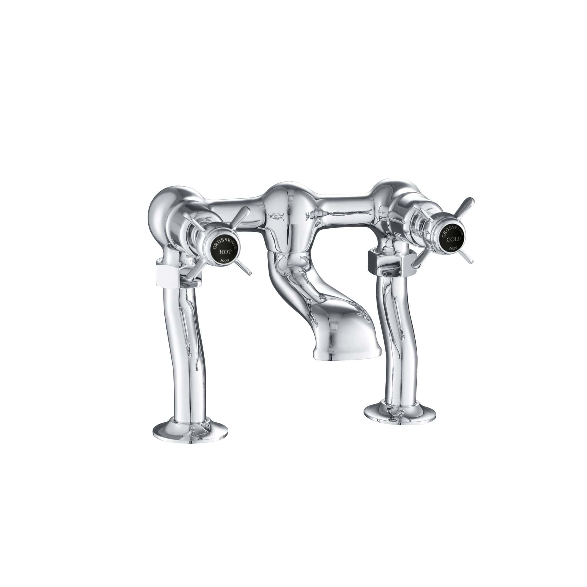 Highly polished vintage-style chrome bathroom tap with separate hot and cold water controls, ideal for period-style bathrooms and classic basin installations.