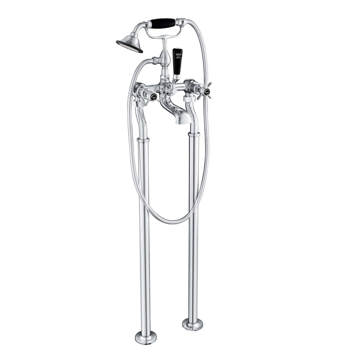 Elegant chrome freestanding bathroom shower system with handheld shower head and adjustable features for modern bathroom decoration.