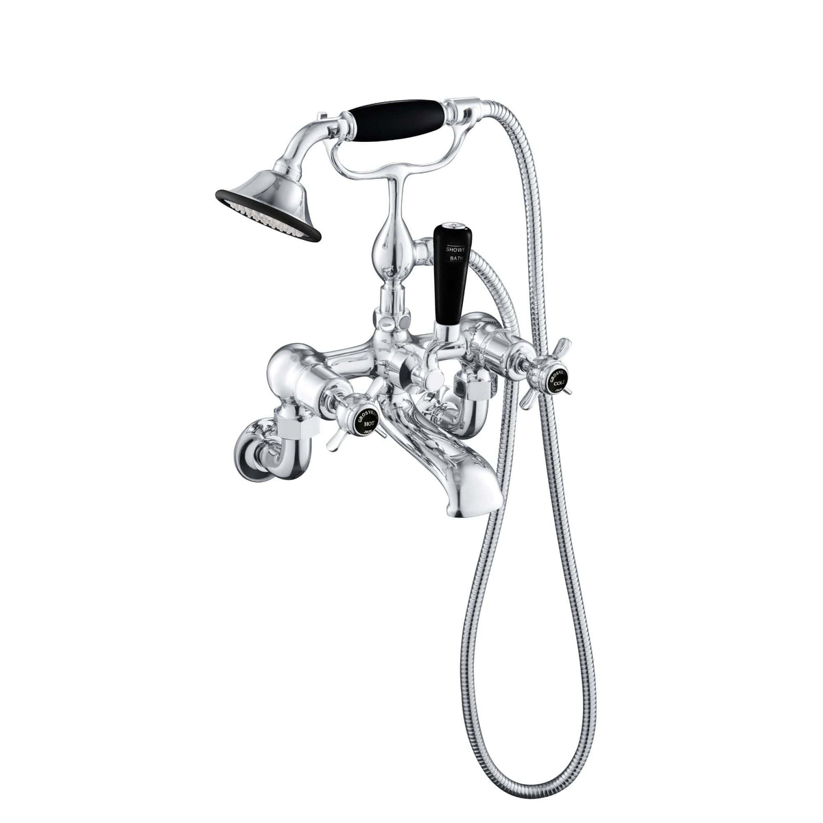 Shower bath mixer tap with handheld shower head, chrome finish, vintage-style bathroom fixtures, water controls for hot and cold, elegant bath and shower combination.