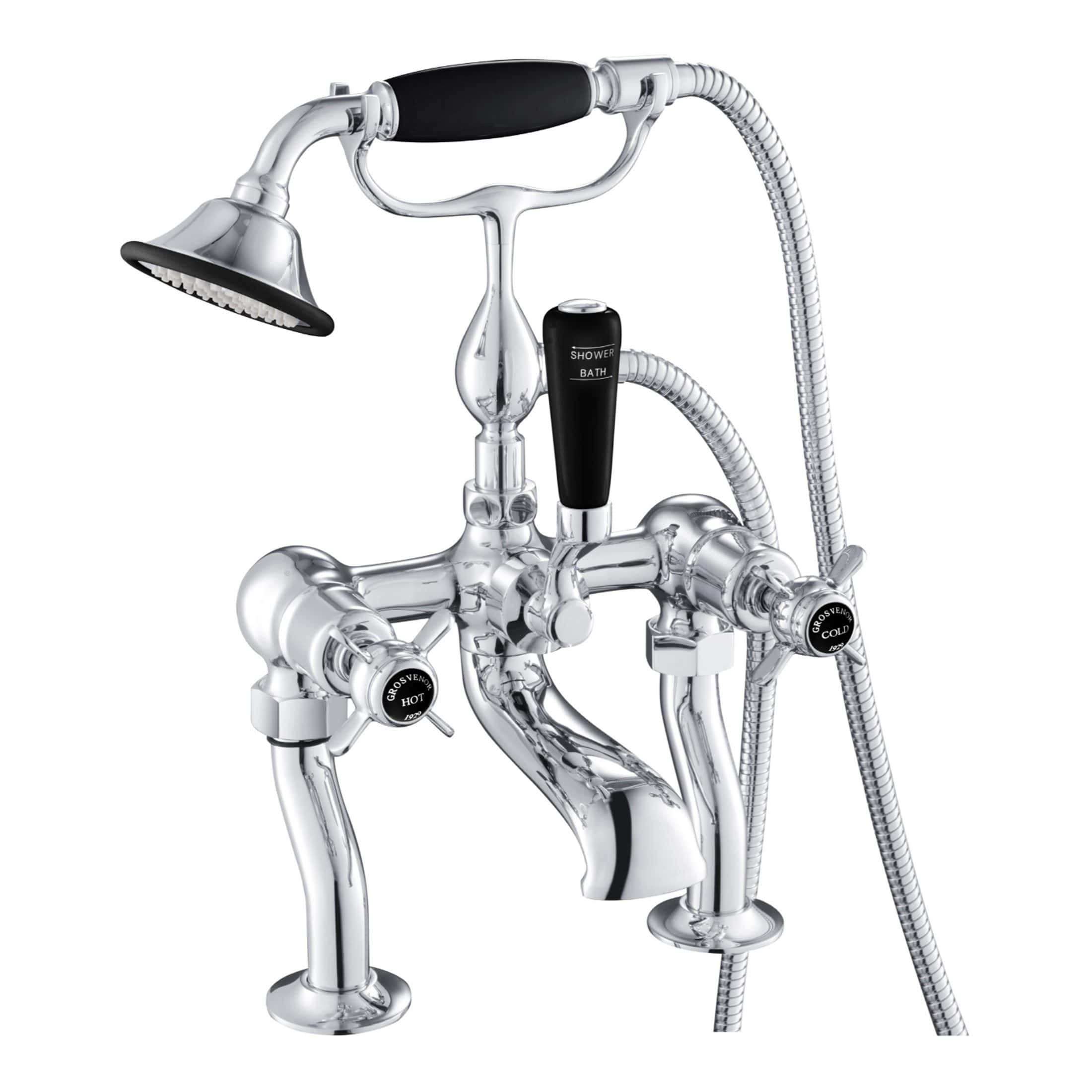 Shower bath mixer tap with handheld shower head and flexible hose, chrome finish, traditional Victorian style bathroom plumbing fixture.