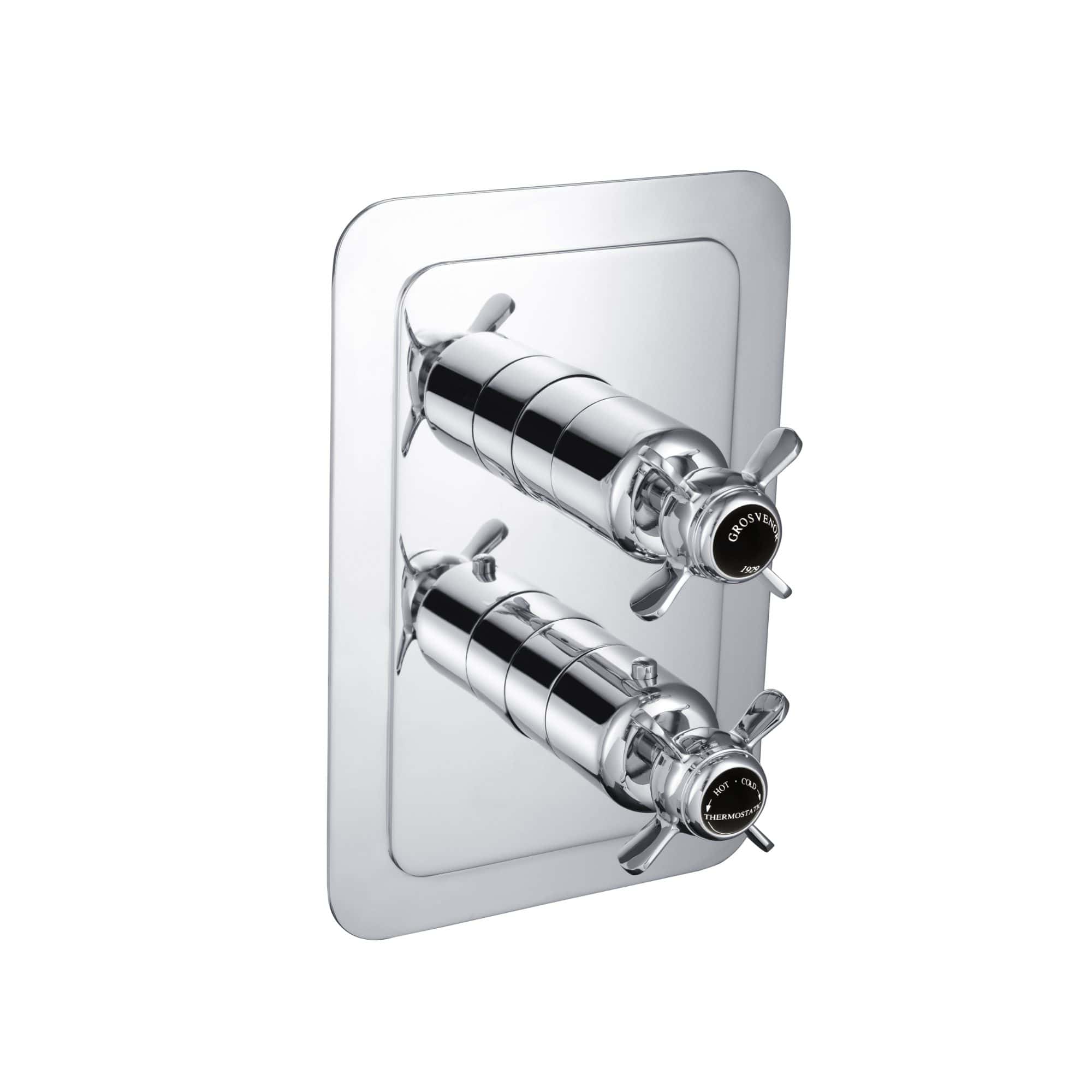 Polished chrome bathroom thermostatic mixer valve with dual controls for hot and cold water, designed for modern Bubly bathrooms. Perfect for precise temperature regulation and stylish bathroom upgrades.