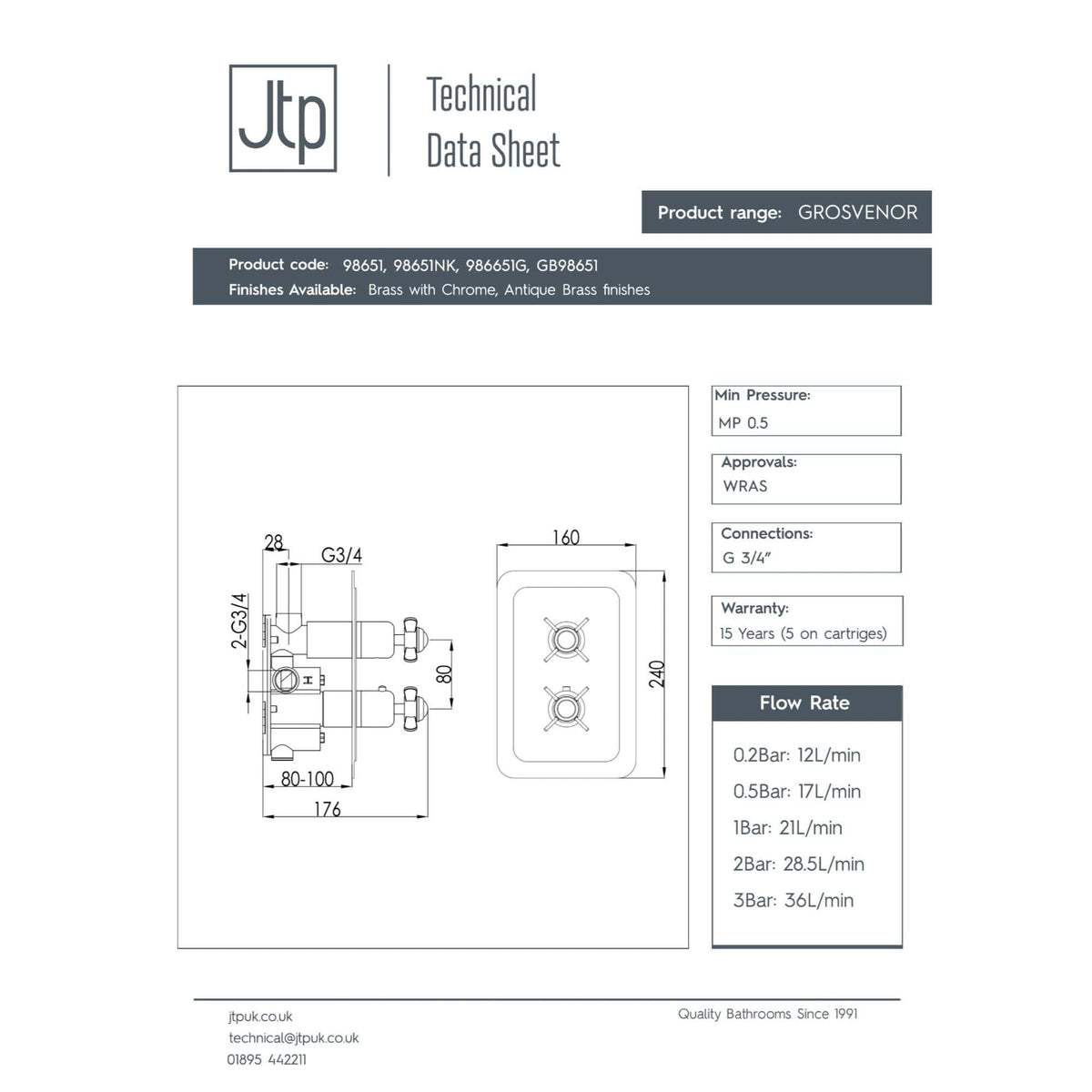 GROSVENOR bathroom mixer tap technical drawing with dimensions and connection details for Bubly Bathrooms.