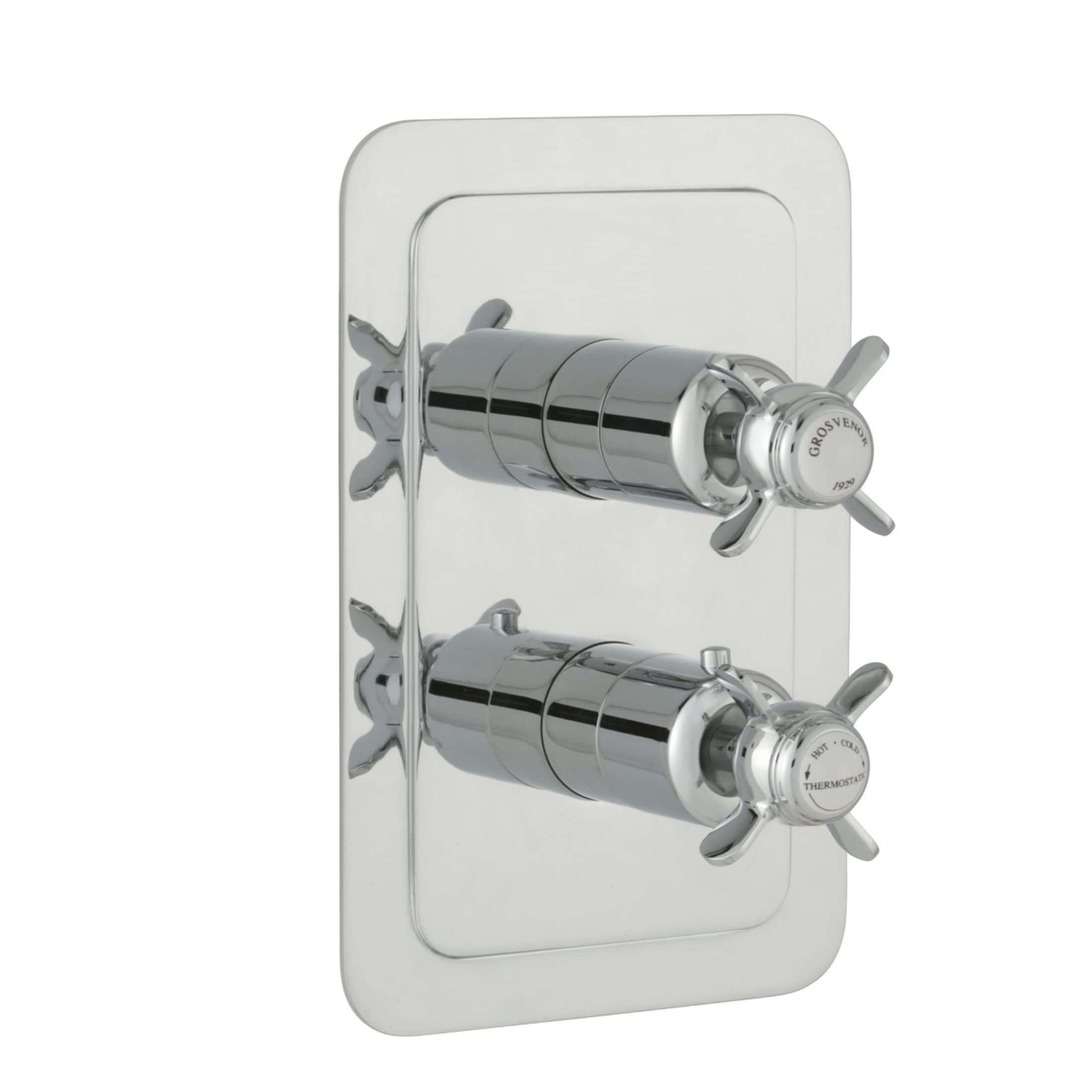 Sleek chrome thermostatic shower valve with dual controls for precise temperature adjustment, ideal for modern bathroom setups.