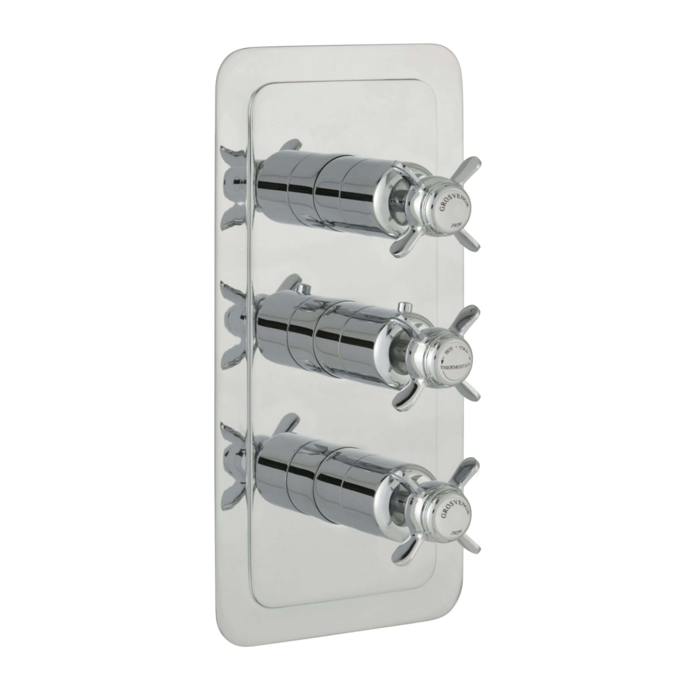 Shower valve control panel with three chrome thermostatic mixers for precise temperature regulation, ideal for luxurious bathroom installations and modern bathroom upgrade solutions.