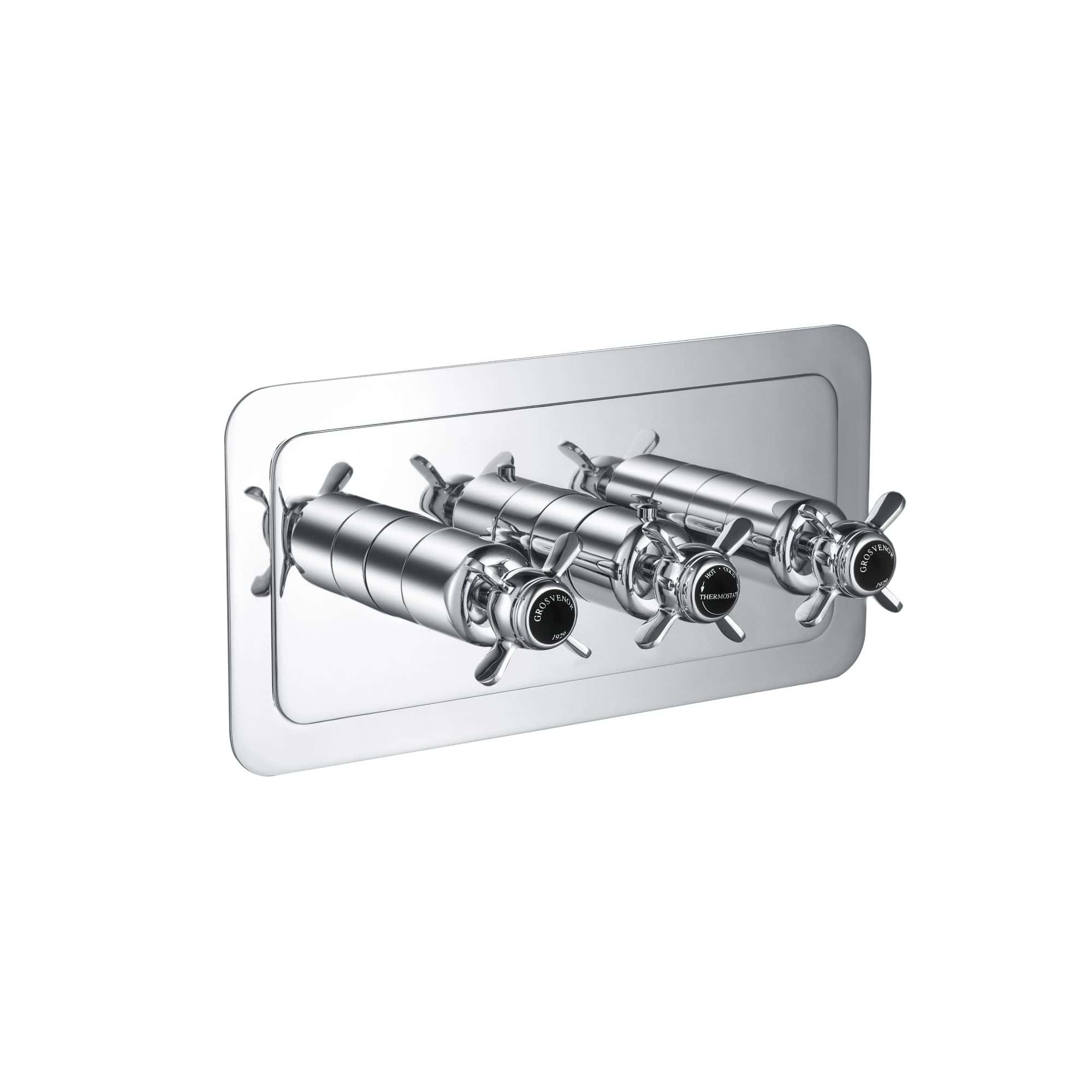 Elegant chrome wall-mounted thermostatic shower valve with three controls, designed by Bubly Bathrooms for modern bathrooms.
