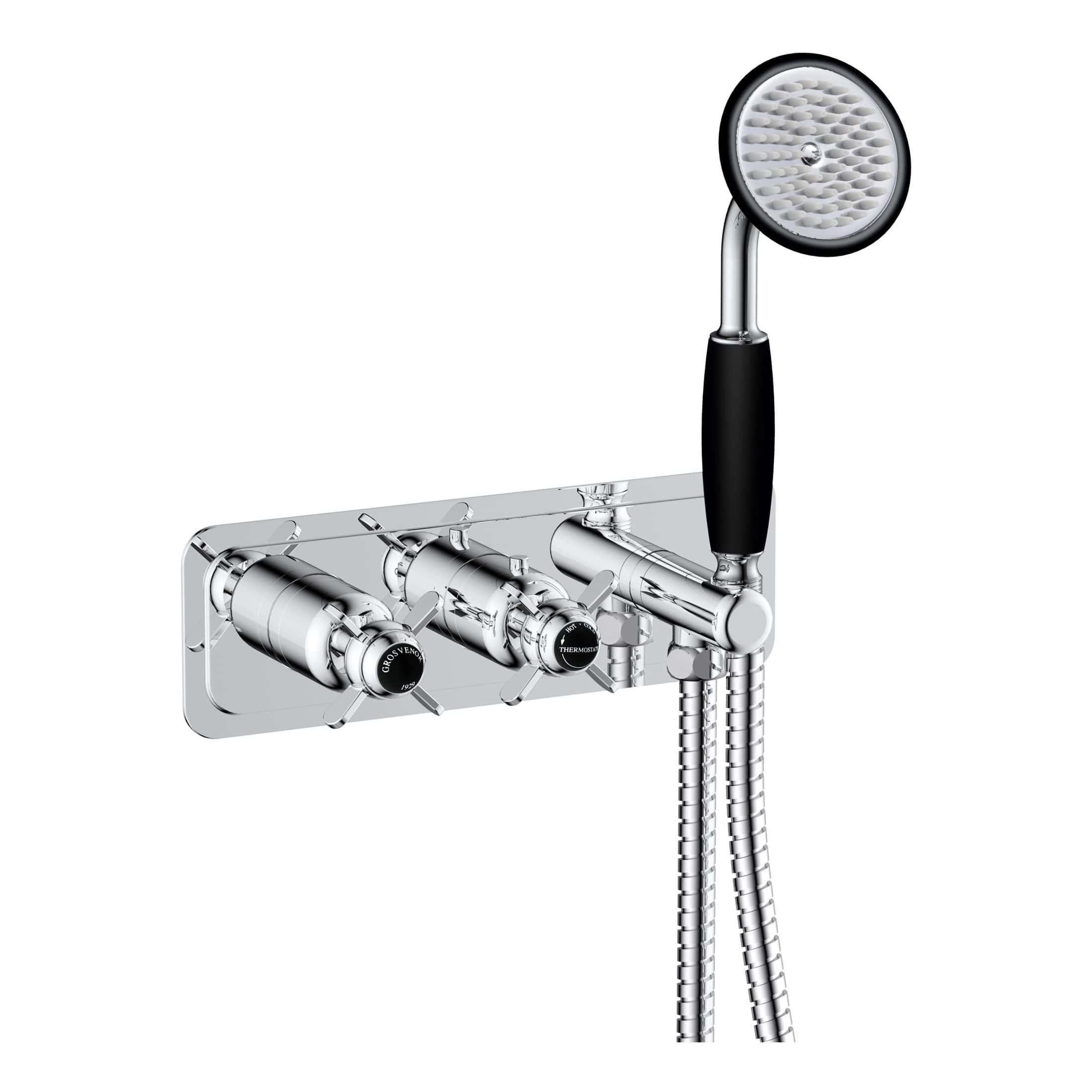 Modern chrome shower mixer with handheld showerhead and thermostatic controls for luxurious bathroom use.
