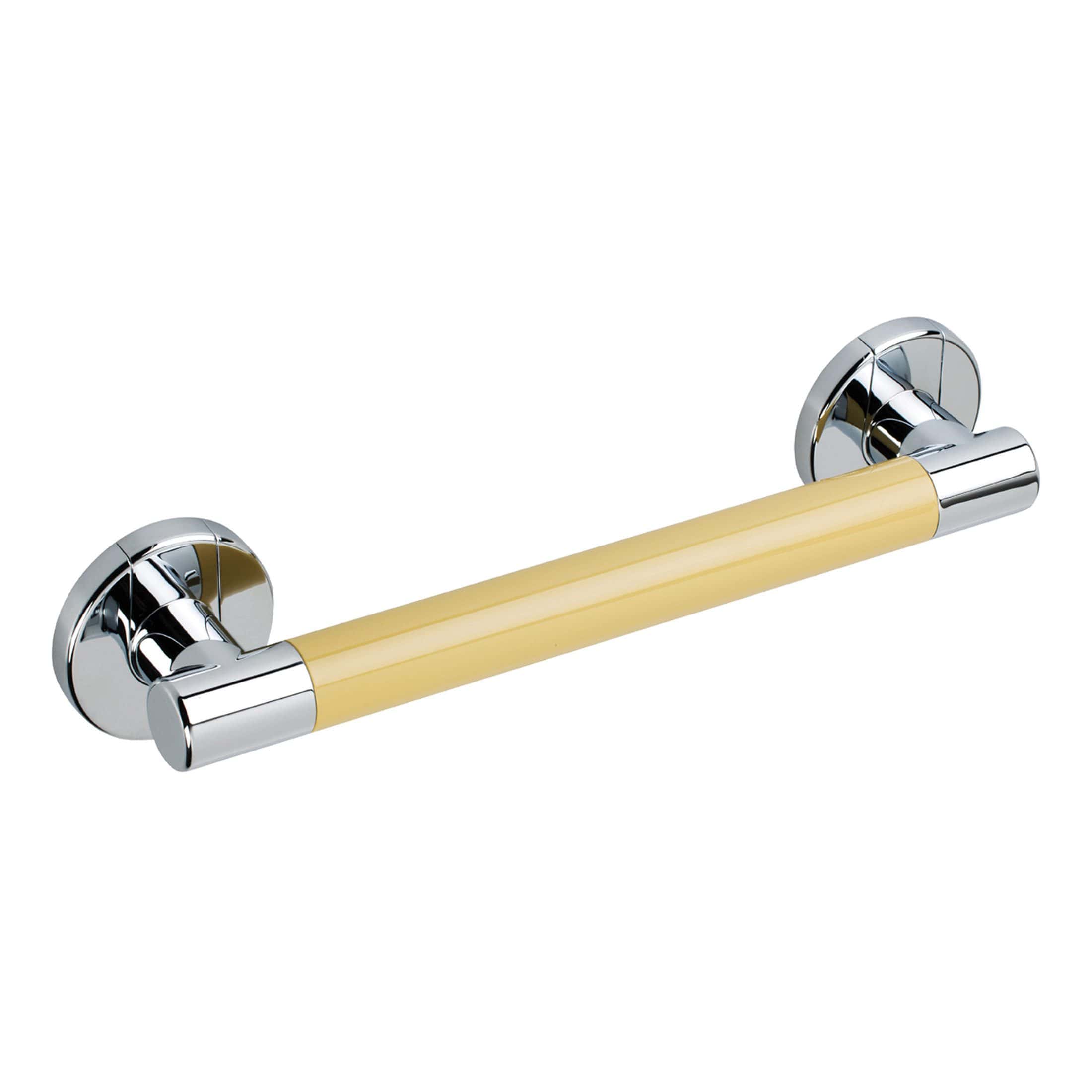 Polished chrome bathroom grab rail with beige wooden grip for safety and style in modern bathrooms. Durable and stylish, ideal for elderly or disabled access.
