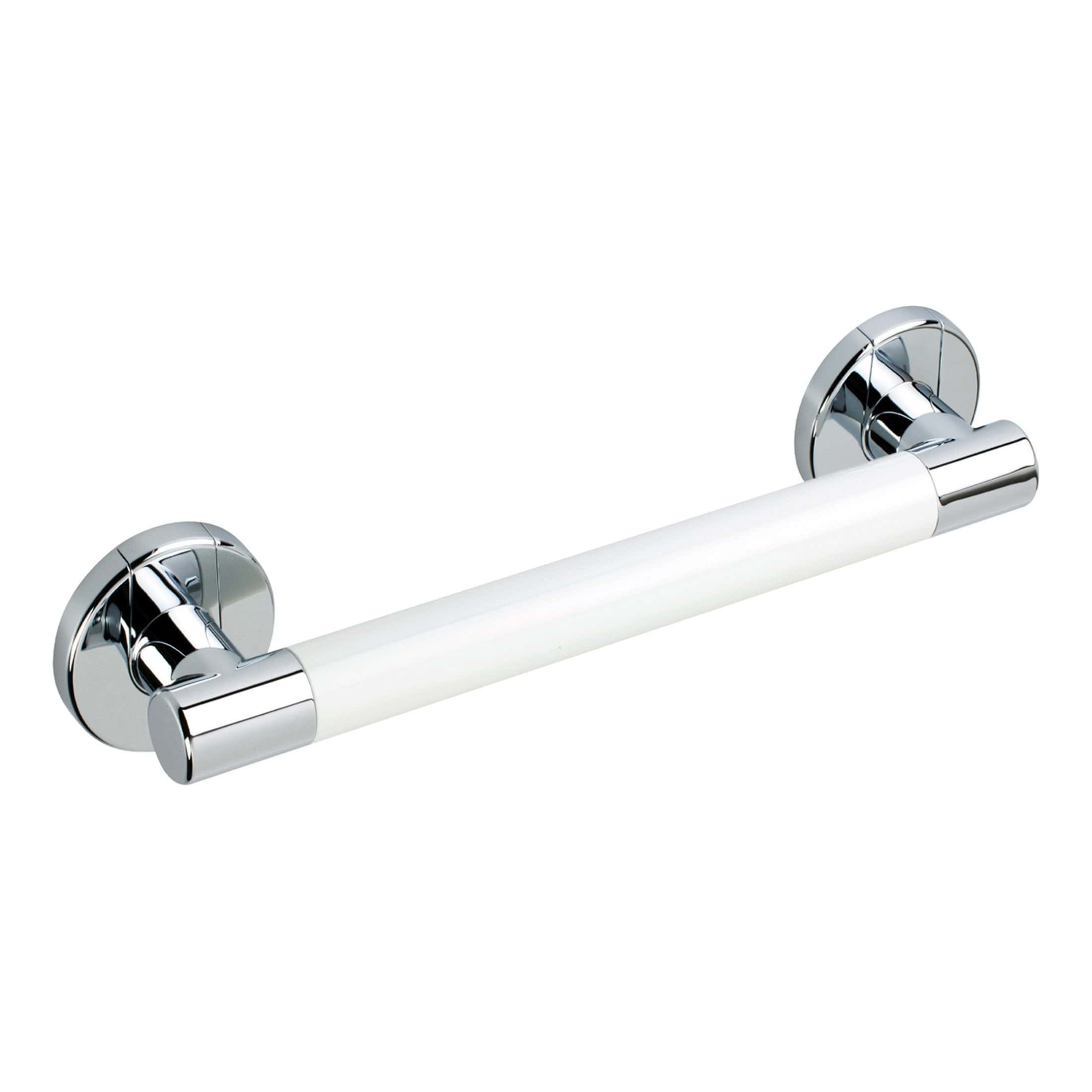 Chrome-plated bathroom towel rail with white ceramic bar for stylish and practical bathroom organisation. Perfect for towels and towels accessories in modern bathrooms.