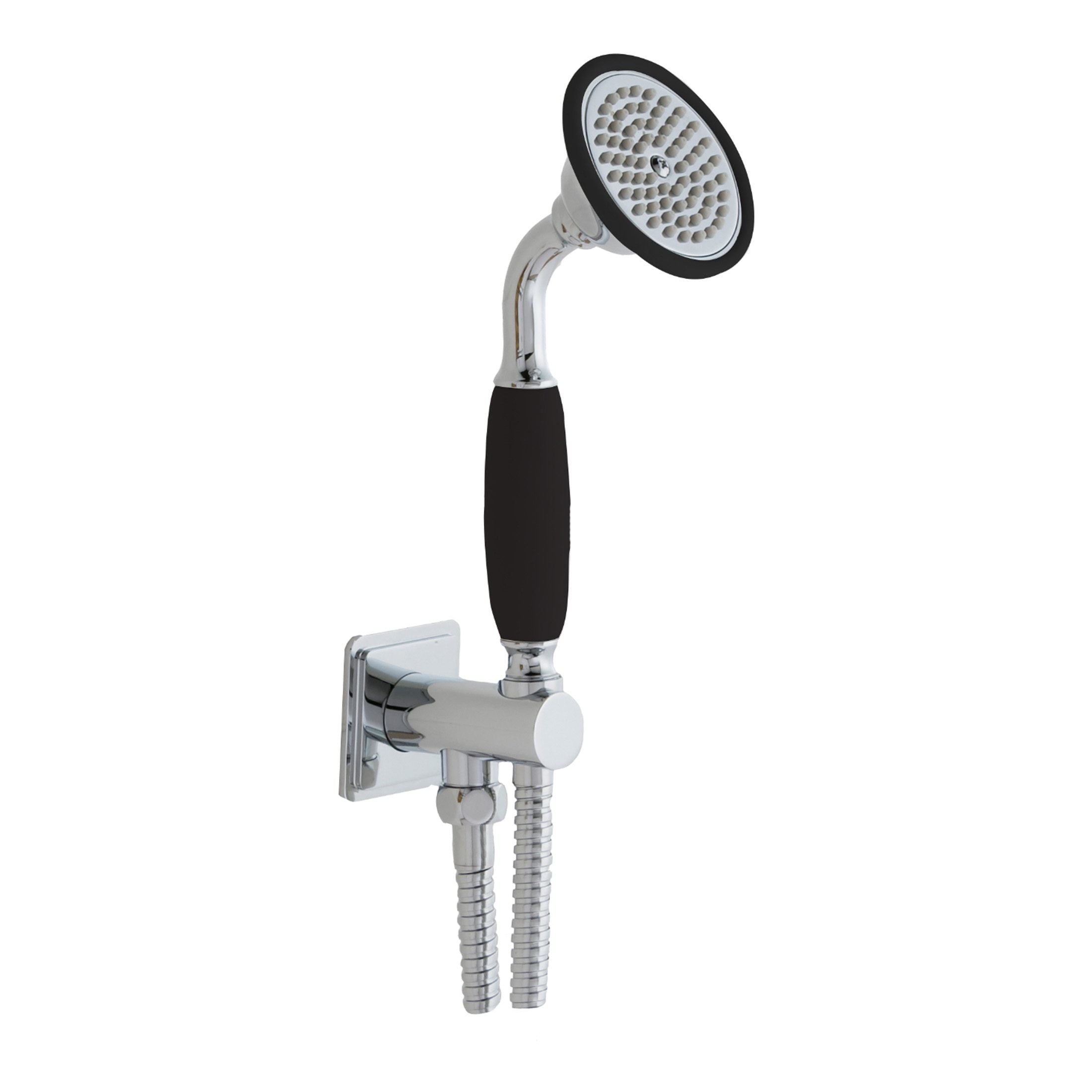 Shower handheld spray head with flexible hose, chrome finish, black rubber grip, and mounting bracket, ideal for modern bathroom bathroom renovation and water efficiency.
