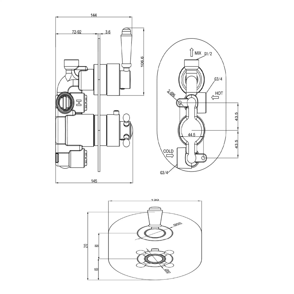 High-quality plumbing technical drawing of Bubly Bathrooms’ mixer valve with detailed dimensions and installation specifications in black and white.