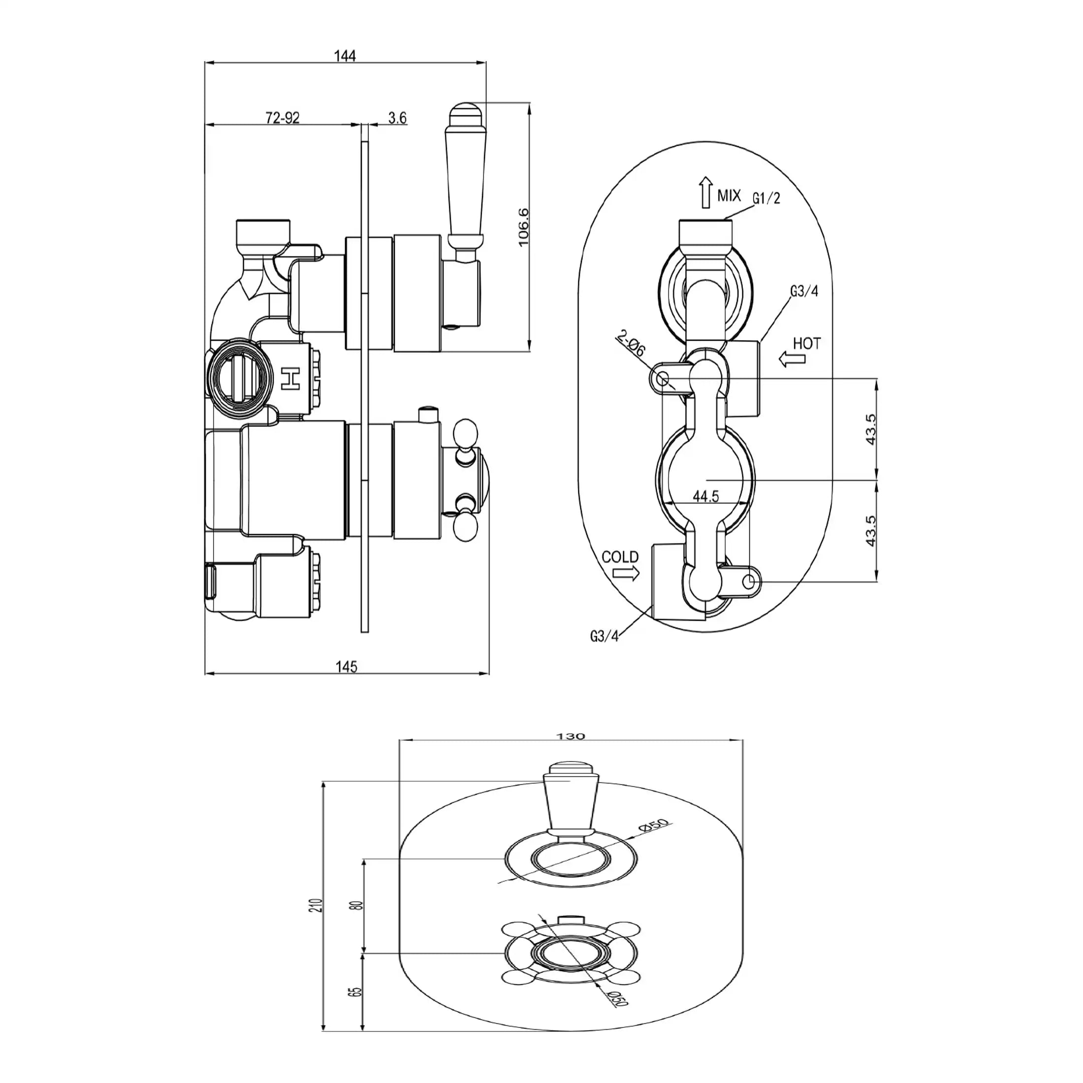 High-quality plumbing technical drawing of Bubly Bathrooms’ mixer valve with detailed dimensions and installation specifications in black and white.