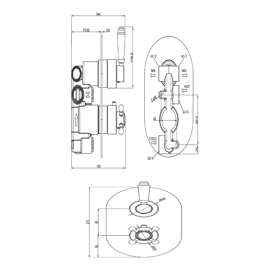 Flow control shower valve technical drawing showcasing precise measurements and installation details for bathroom plumbing. Ideal for bathroom renovation and installation projects.
