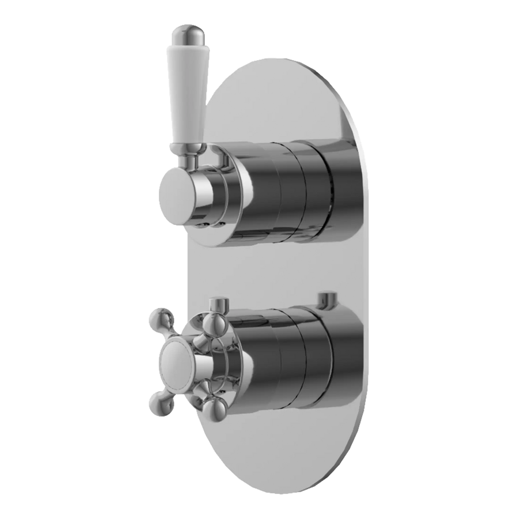 Polished chrome wall-mounted bathroom faucet and controls, ideal for modern bathrooms, featuring dual handles for precise water temperature and flow regulation.
