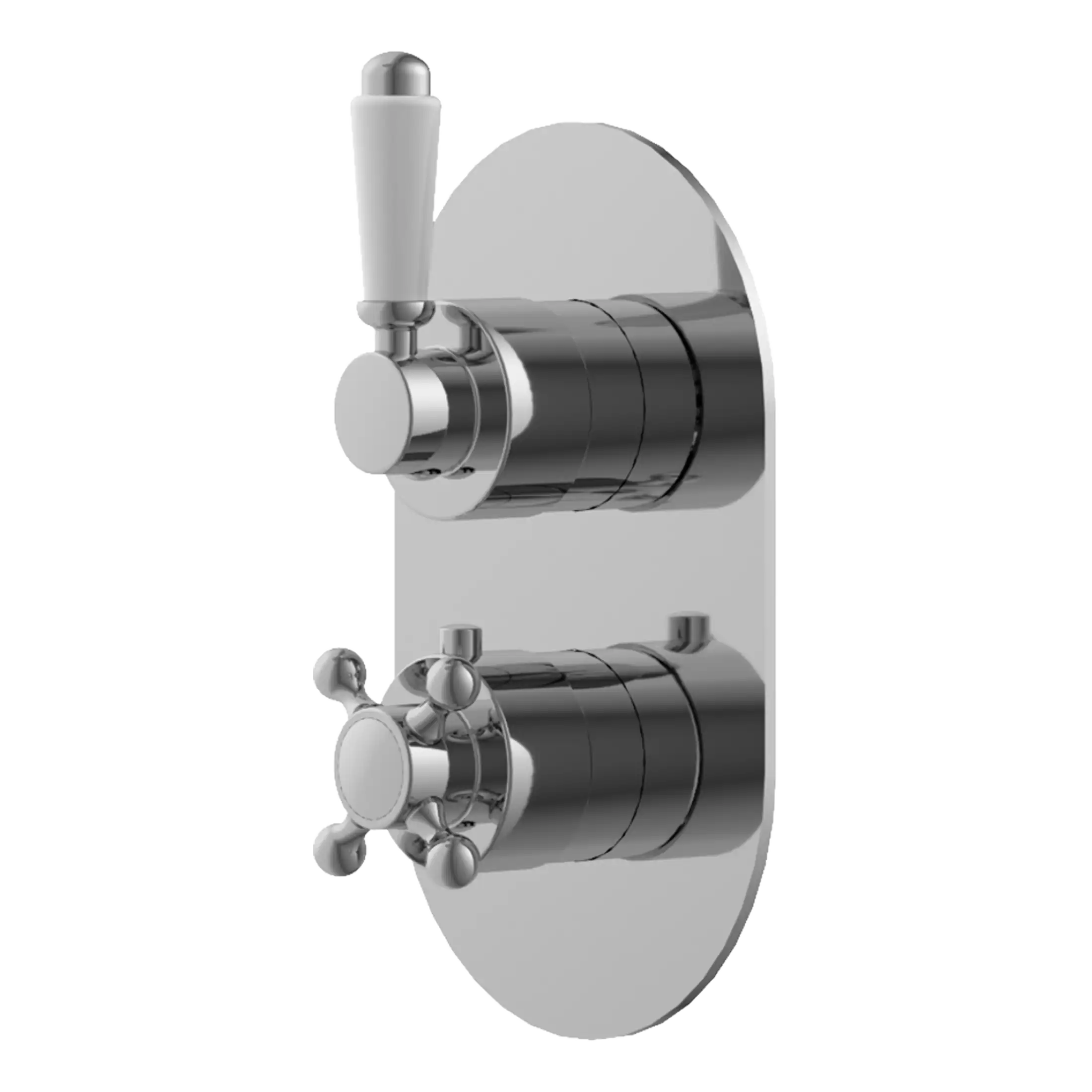 Polished chrome wall-mounted bathroom faucet and controls, ideal for modern bathrooms, featuring dual handles for precise water temperature and flow regulation.