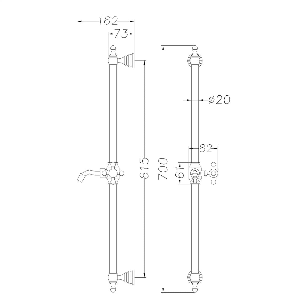 Elegant vintage-style bathroom tap and long pipe with detailed technical measurements for classic bathroom renovation. Ideal for traditional bathroom fixtures.