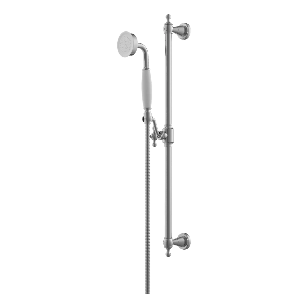 Shower rail and handheld shower head set for modern bathroom design, featuring chrome finish, adjustable height, and versatile water spray options for a luxurious shower experience.