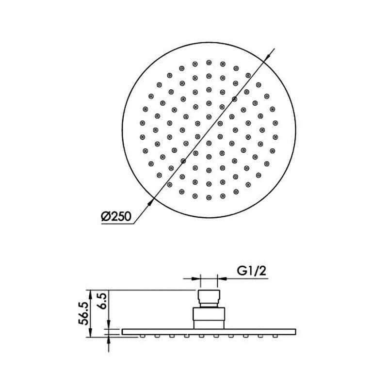 Showerhead diagram with 250mm diameter and G1/2 connection, featuring a detailed view of the spray holes and mounting specifications for modern bathroom installation.