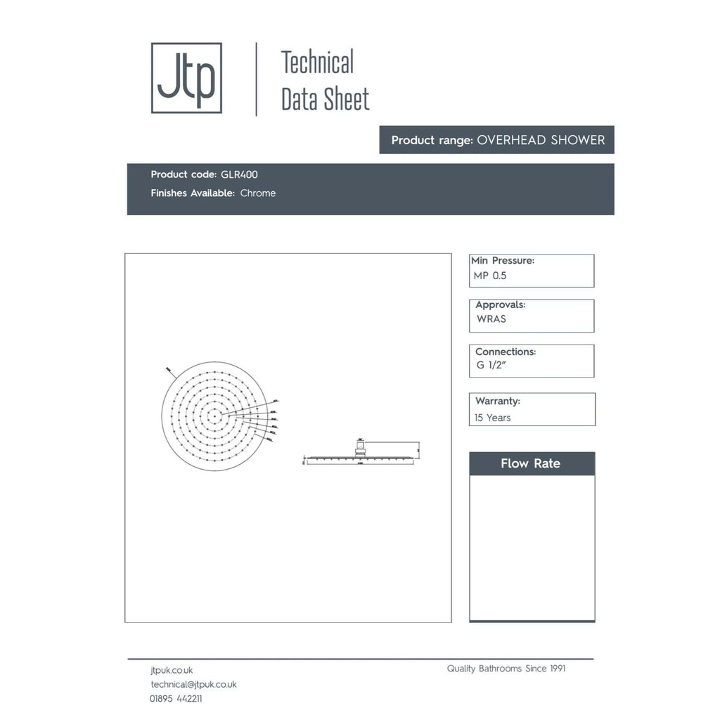 Overhead shower technical data sheet with chrome finish, showing flow rate, connection details, minimum pressure, and warranty information. Suitable for modern bathroom designs.