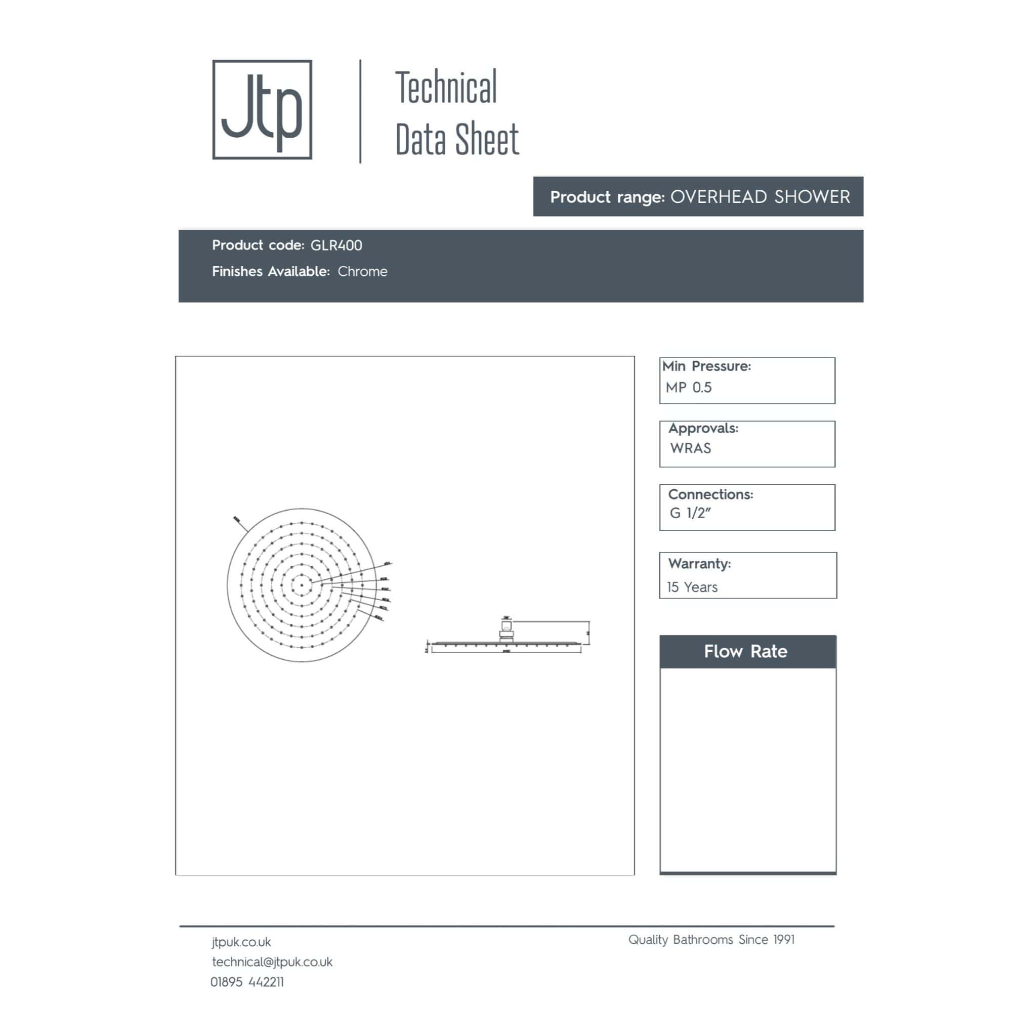 Overhead shower technical data sheet with chrome finish, showing flow rate, connection details, minimum pressure, and warranty information. Suitable for modern bathroom designs.