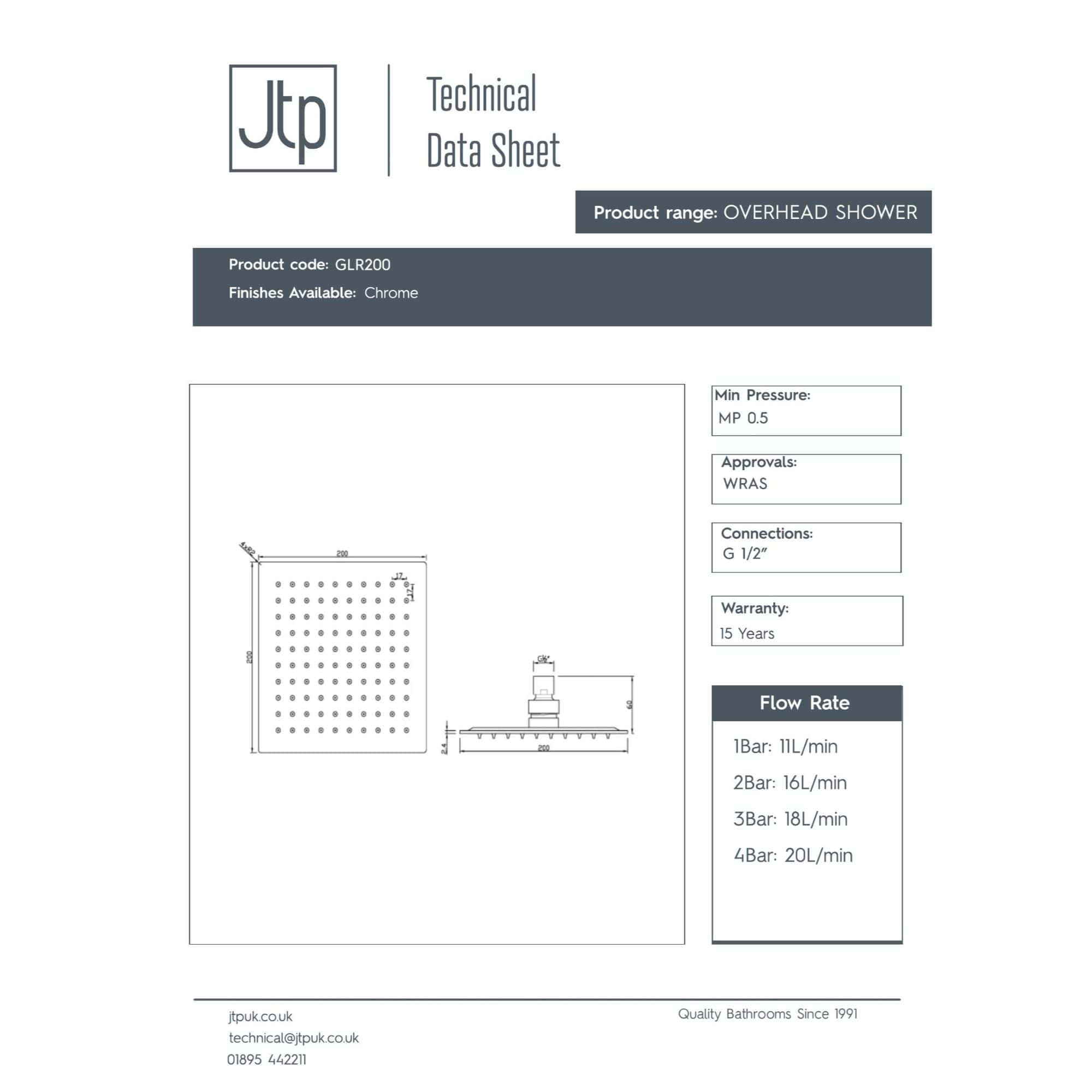 Overhead shower with chrome finish, including technical diagram and specifications, designed for modern bathroom installations. Suitable for high-pressure systems with multiple flow rate options.