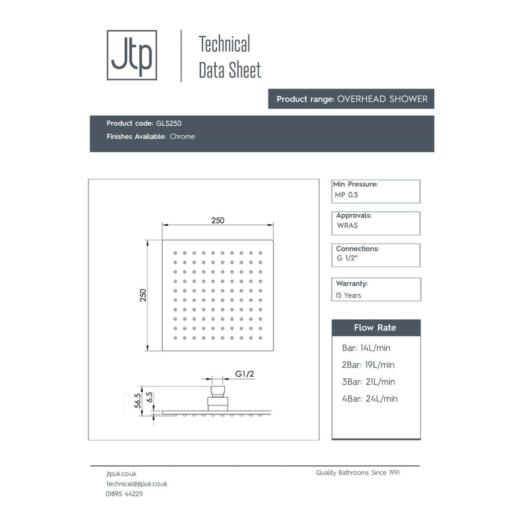 Overhead shower technical data sheet with chrome finish, including dimensions, flow rates, and connection details, ideal for modern bathroom upgrades and high-performance shower fittings.
