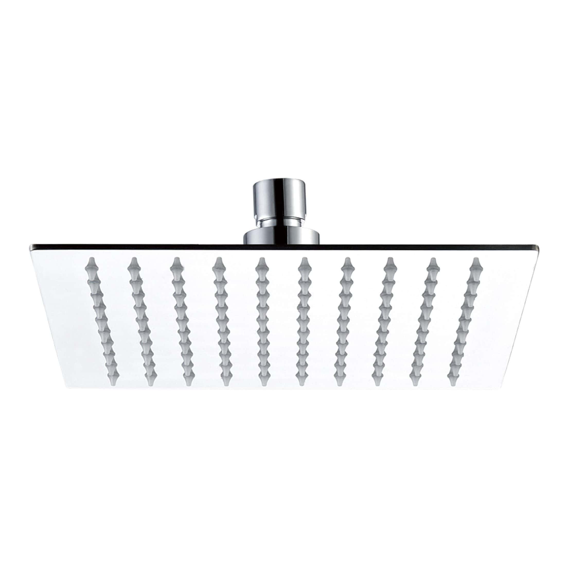 Polished chrome square rainfall shower head with multiple water spray nozzles, modern bathroom fitting for luxurious shower experience.