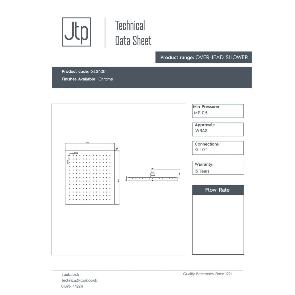 Overhead shower technical drawing with chrome finish, dimensions, and installation details from Bubly Bathrooms.