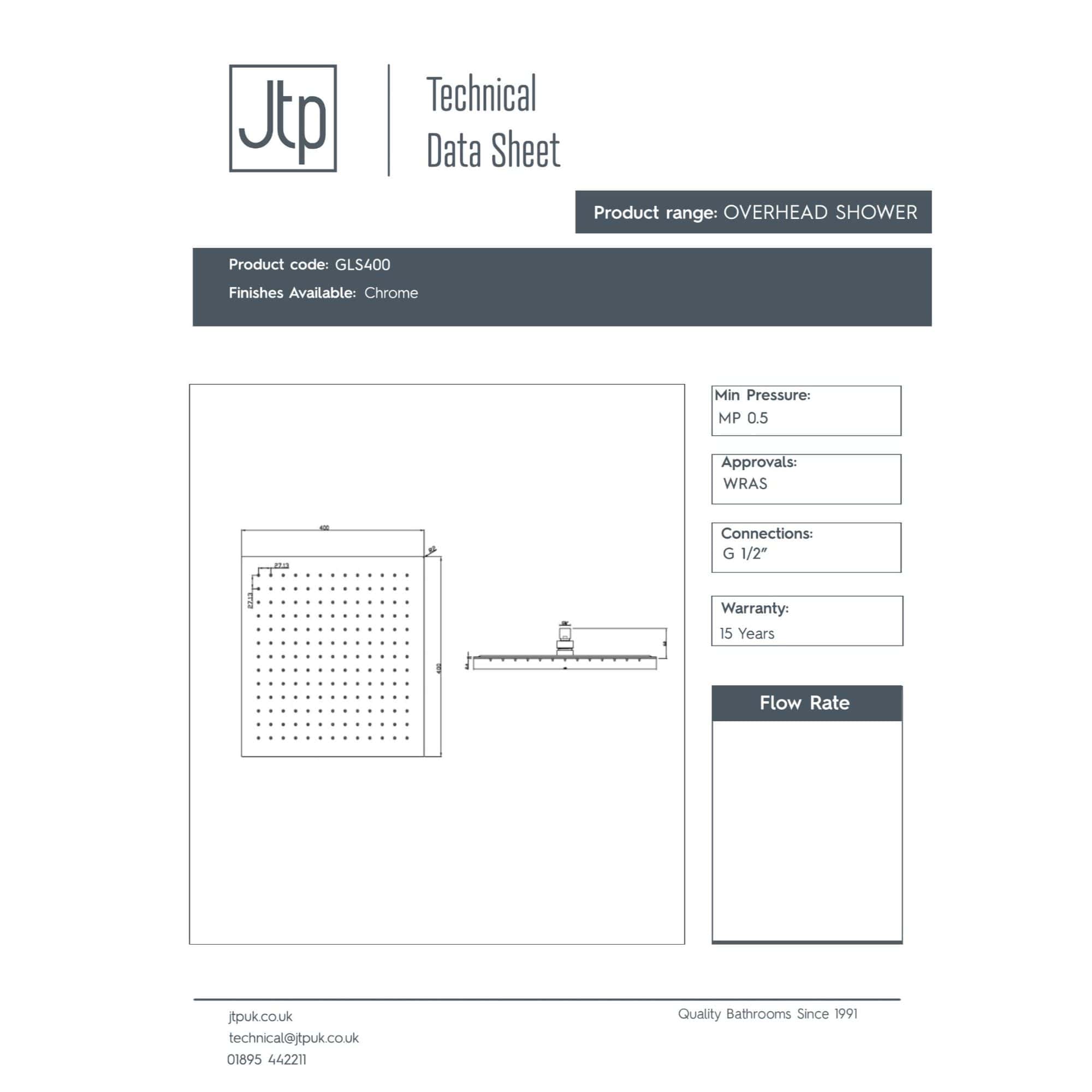 Overhead shower technical drawing with chrome finish, dimensions, and installation details from Bubly Bathrooms.