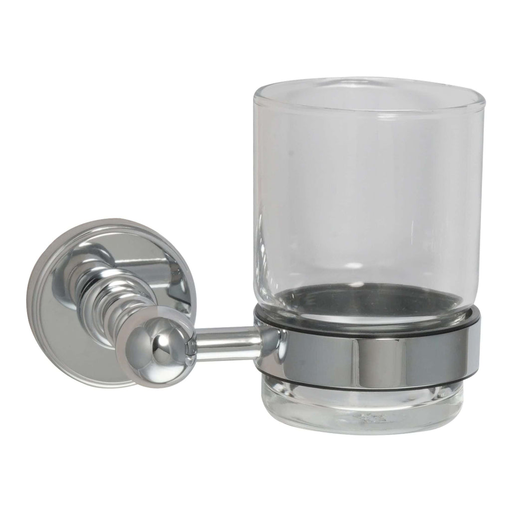 Sleek chrome wall-mounted bathroom tumbler holder with a clear glass cup for daily hygiene essentials, ideal for modern bathrooms.