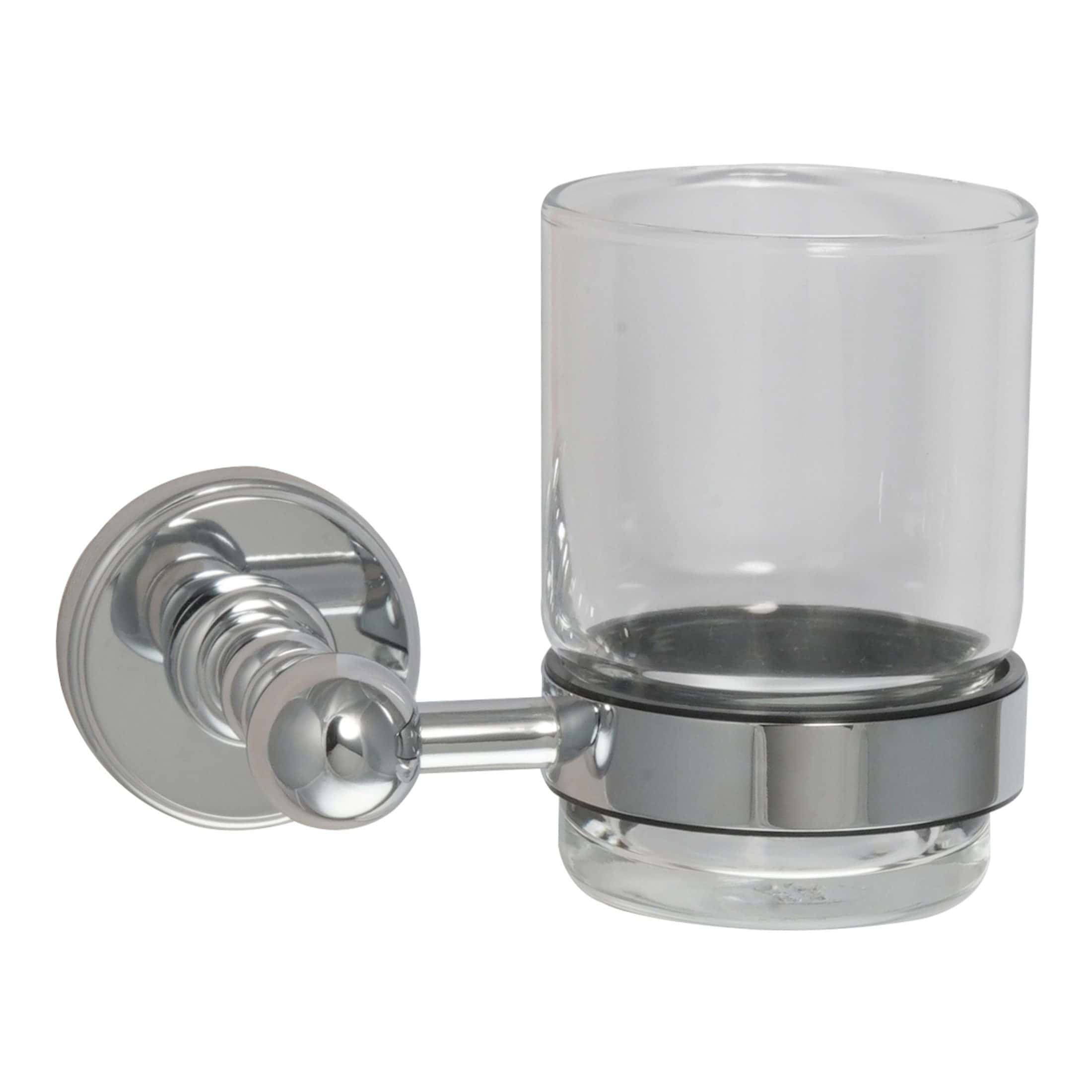 Sleek chrome wall-mounted bathroom tumbler holder with a clear glass cup for daily hygiene essentials, ideal for modern bathrooms.