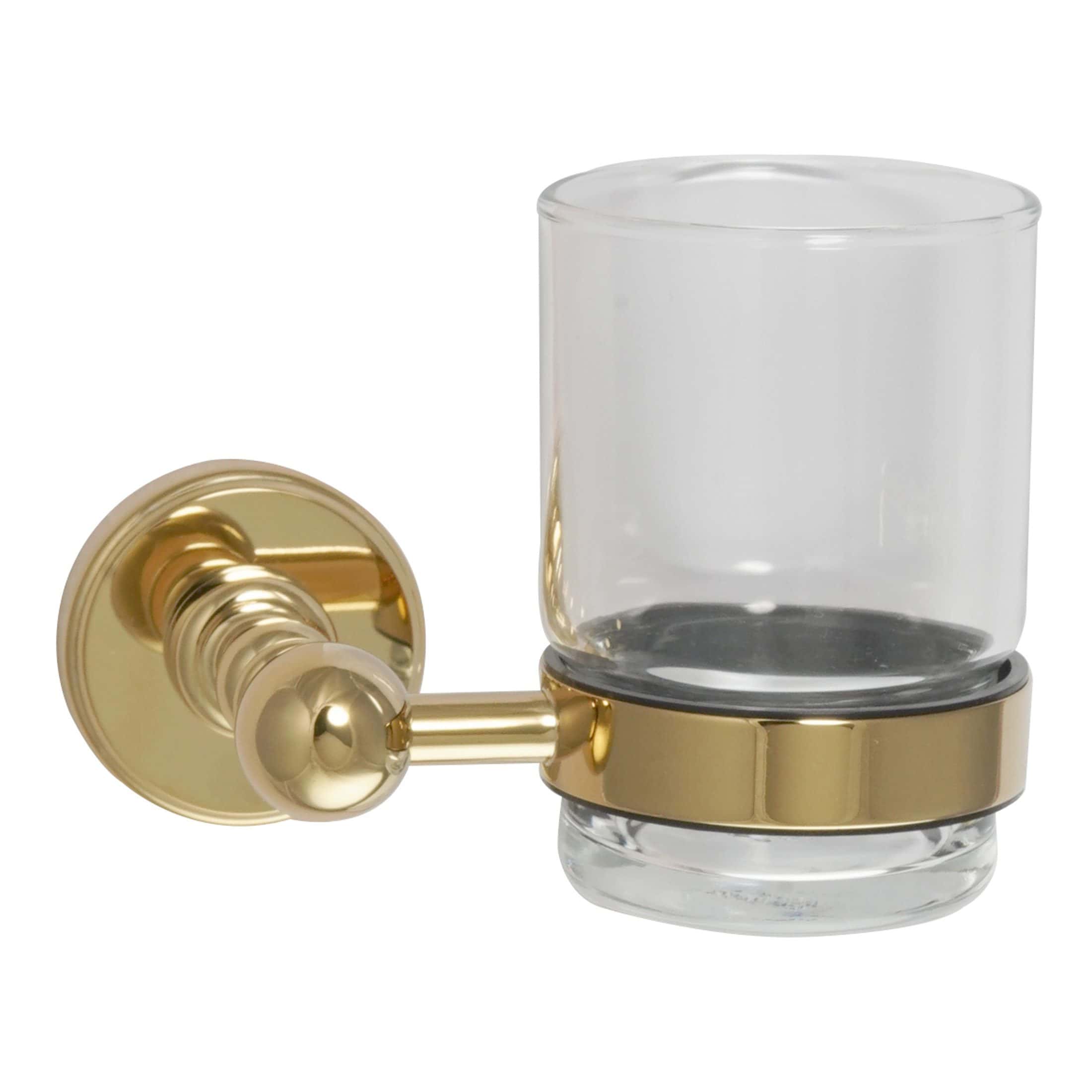 Shower gel or soap holder with glass container mounted on a brass wall bracket, ideal for modern bathrooms for organised and stylish shower storage.