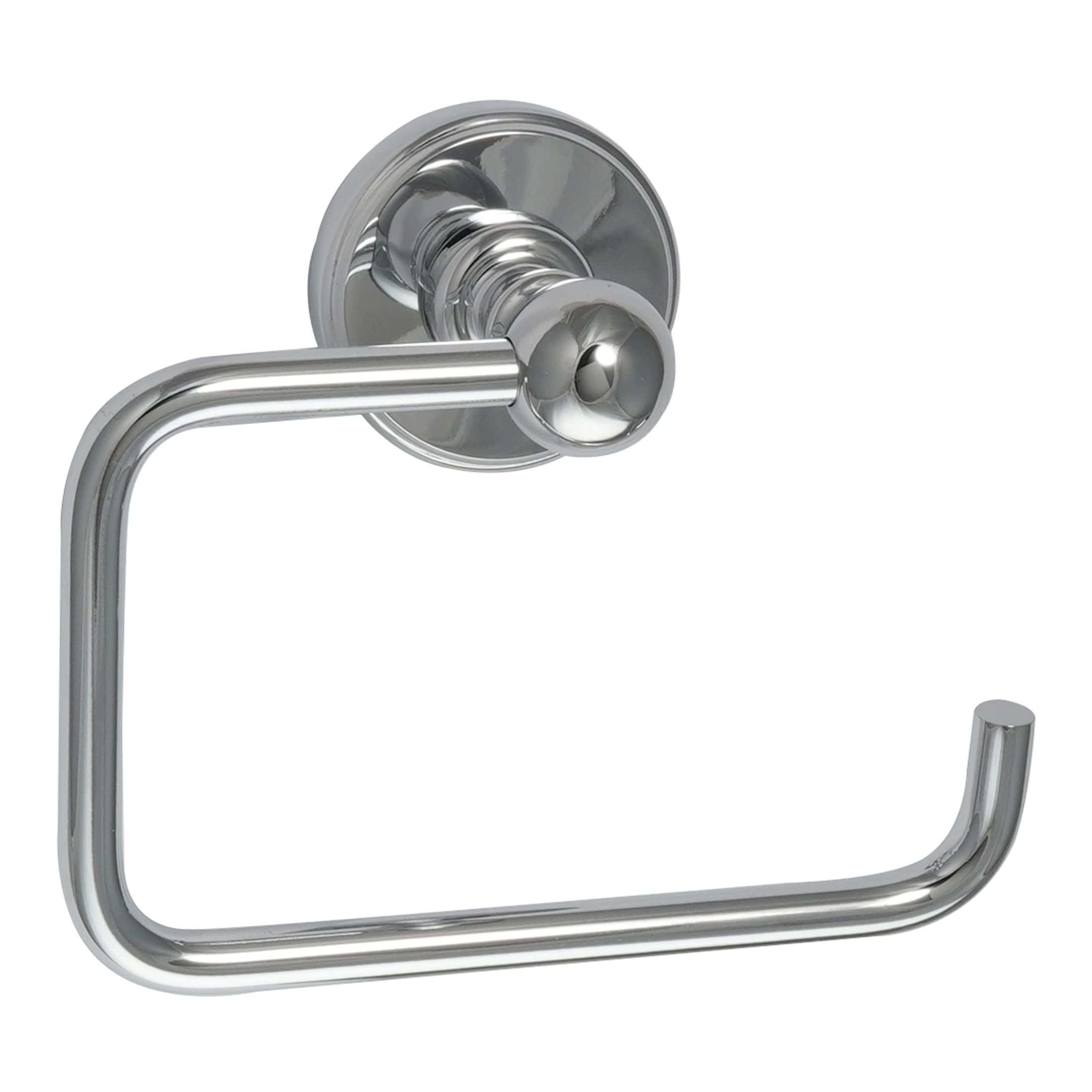 Shiny chrome bathroom toilet paper holder with mounting plate and open-ended bar on a white background.