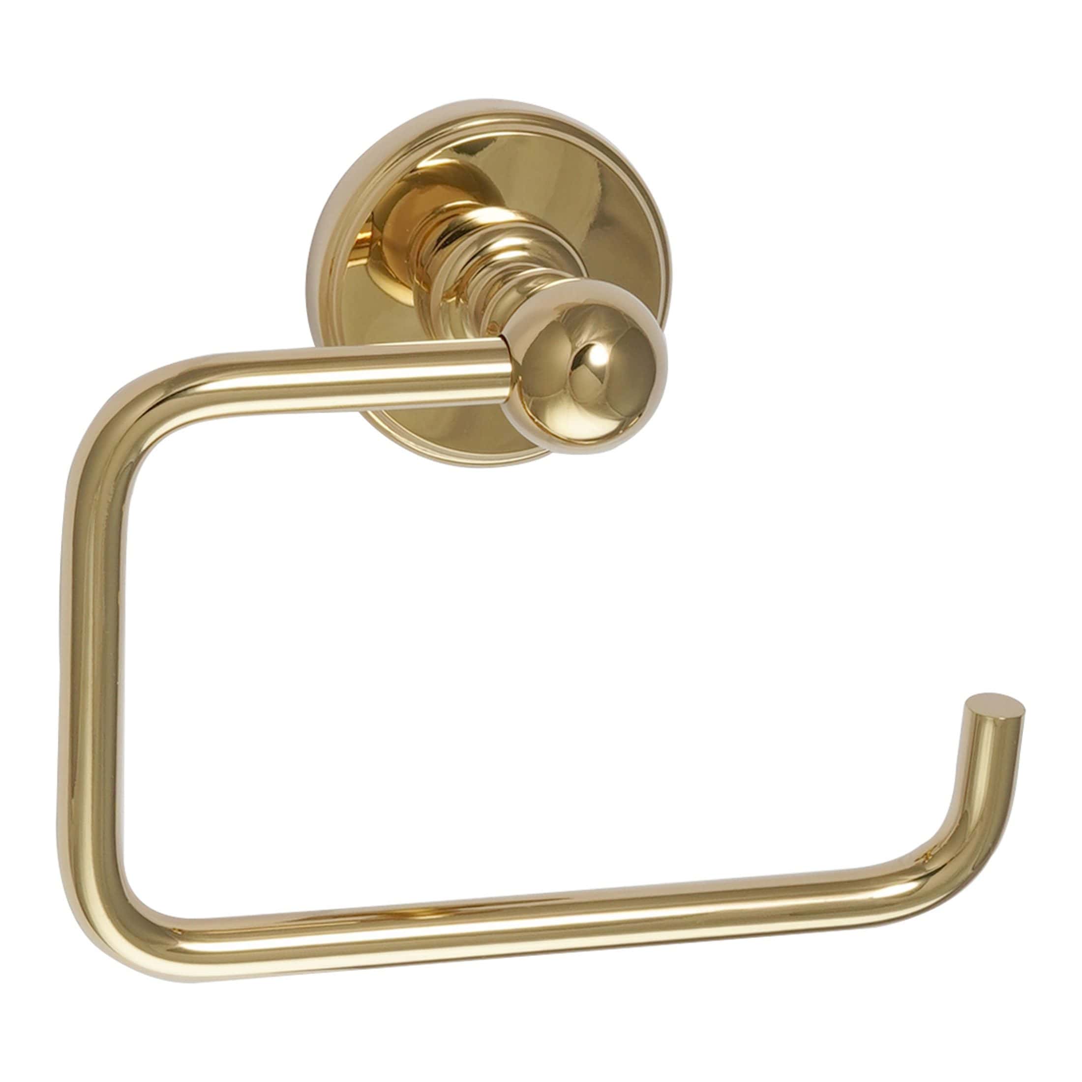 Polished gold finish bathroom toilet paper holder for elegant bathroom fixtures and accessories. Durable metal construction with a sleek, modern design. Perfect for luxurious bathroom decor.